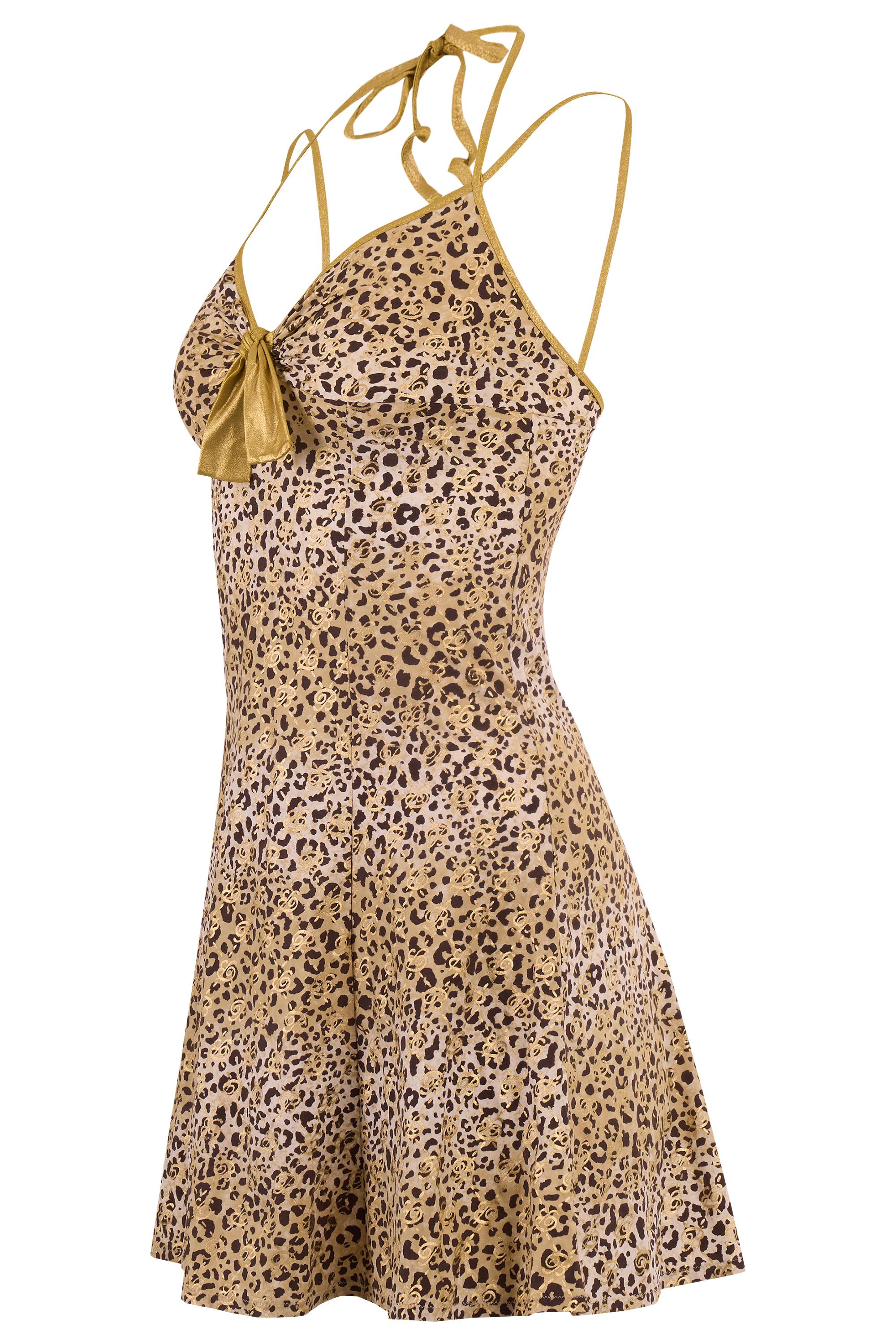 Robe dos nu à imprimé léopard de Blumarine.  Imprimé léopard marron, beige et doré sur toute la surface.  Silhouette aplatie, col licou à nouer et fines bretelles spaghetti, détails de nœuds dorés sur le devant, décolleté plongeant. Vintage, en