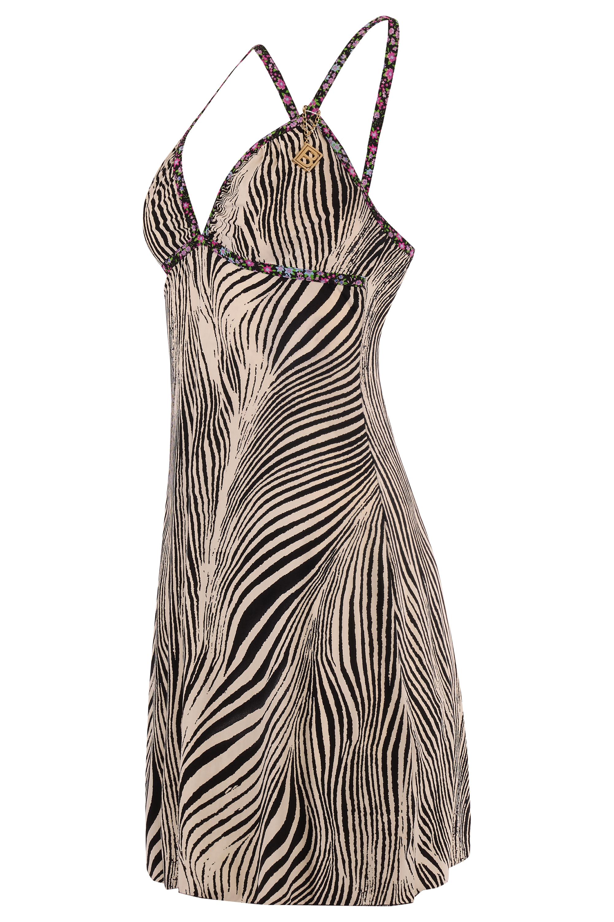 Blumarine zebra print slip dress. Features a zebra print all over , thin spaghetti straps and crossback , floral detailing on the neckline and under the bust, gold 