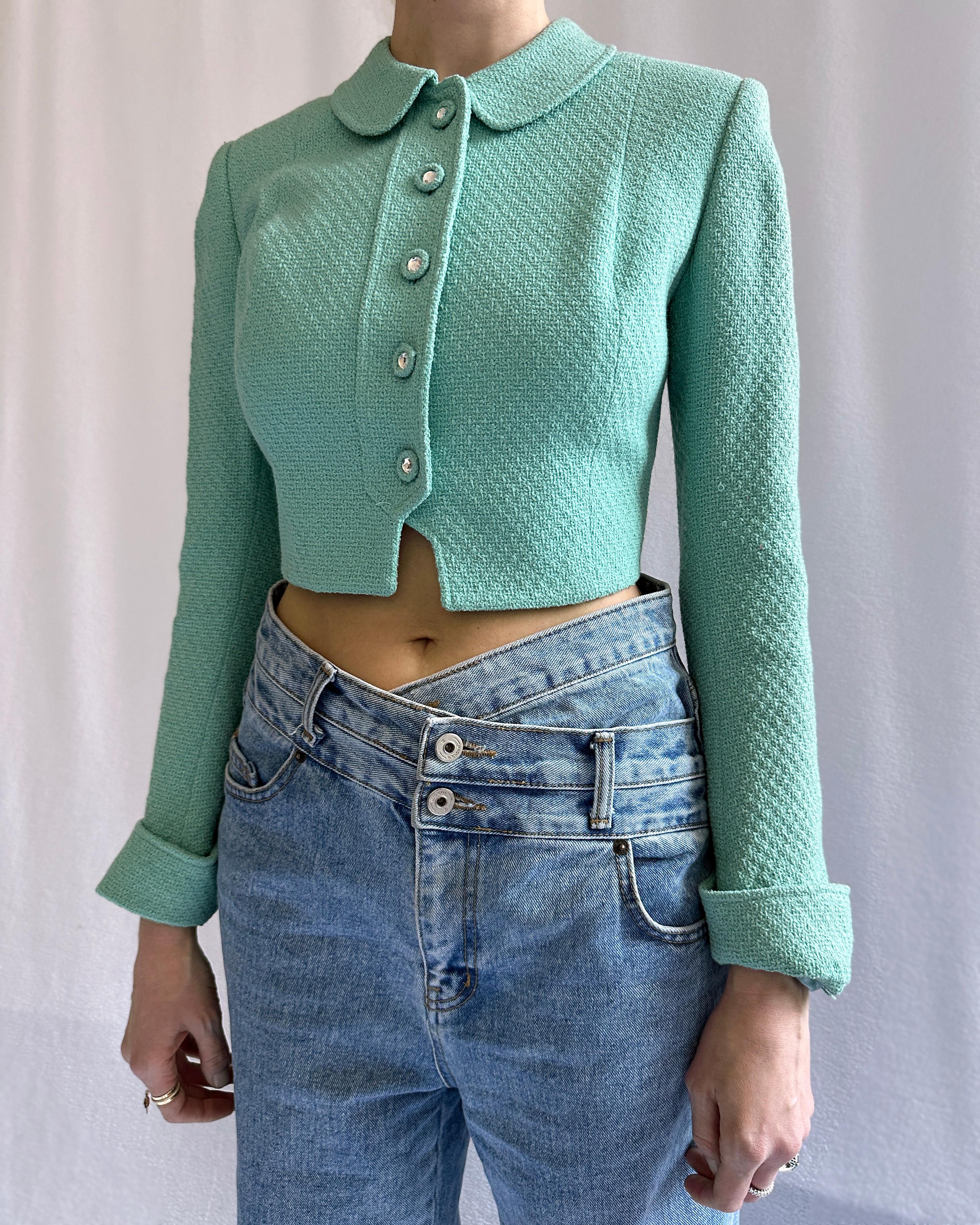 VERY BREEZY Presents: Vintage Y2K Blumarine is having a serious MOMENT and this Vintage Anna Molinari Blumarine bouclé jacket (circa late 90s) is such a chic way to get in on it. It's constructed of gorgeous mermaid-green wool bouclé, with sharp