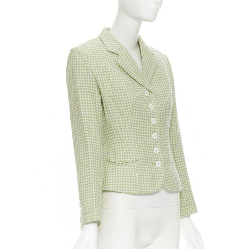 Beige vintage BLUMARINE green houndstooth wool belted blazer skirt set IT40 S For Sale