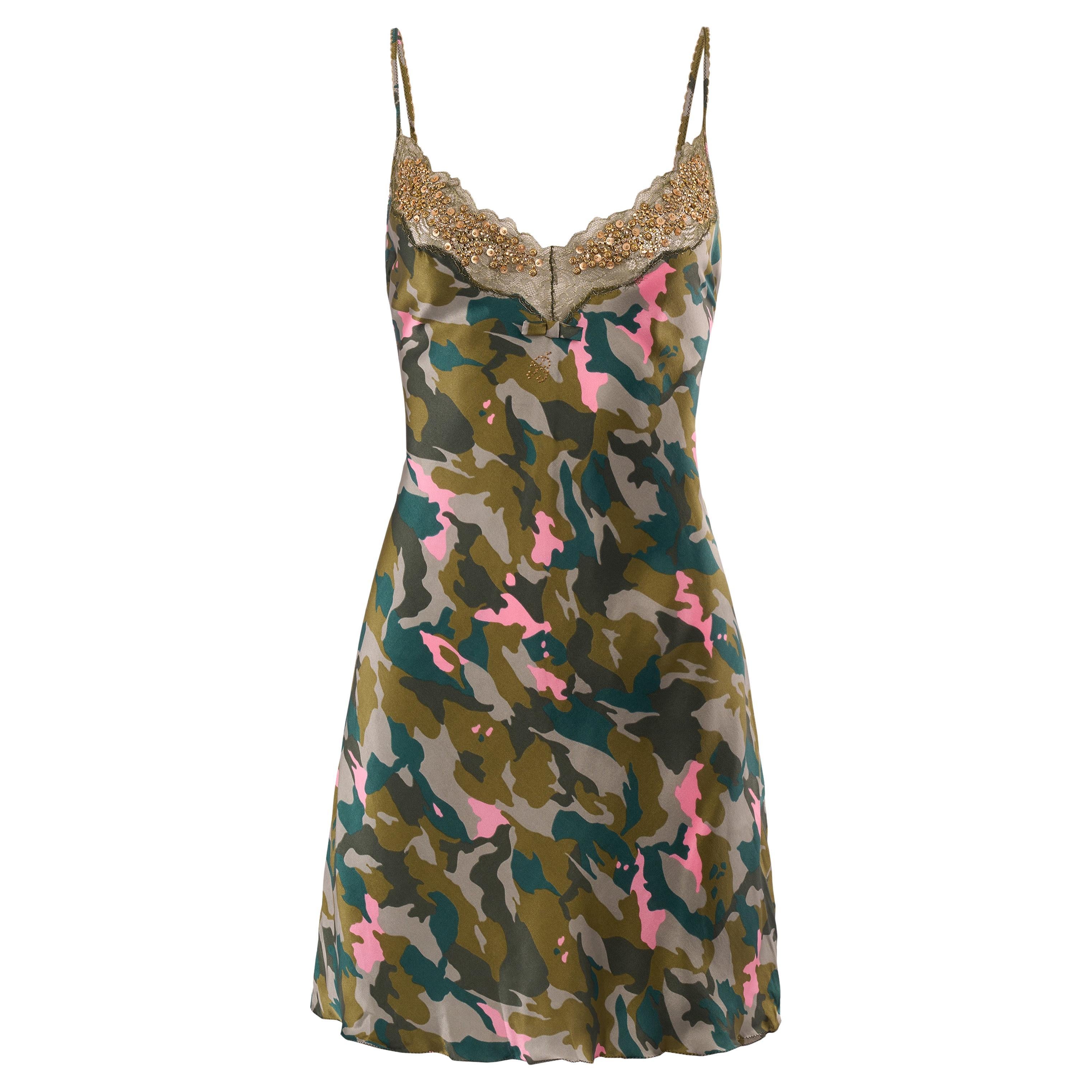 Vintage Blumarine S/S 2010 Camo Silk/Gold Sequins Mini Dress en vente