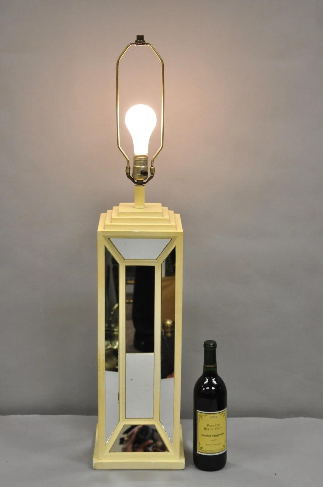 Vintage Postmodern 1976 Mirrored Skyscraper Bone Lacquered Table Lamp by Blumberg. Circa Late 20th Century. Measurements: 37.5