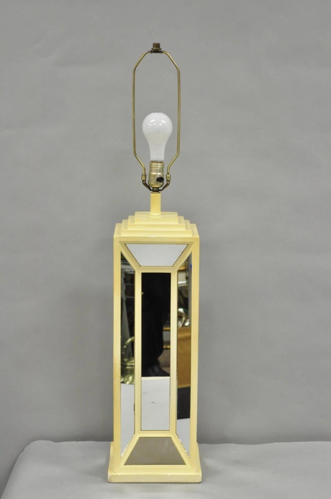 Post-Modern Vintage Blumberg Postmodern 1976 Mirrored Skyscraper Bone Lacquered Table Lamp For Sale