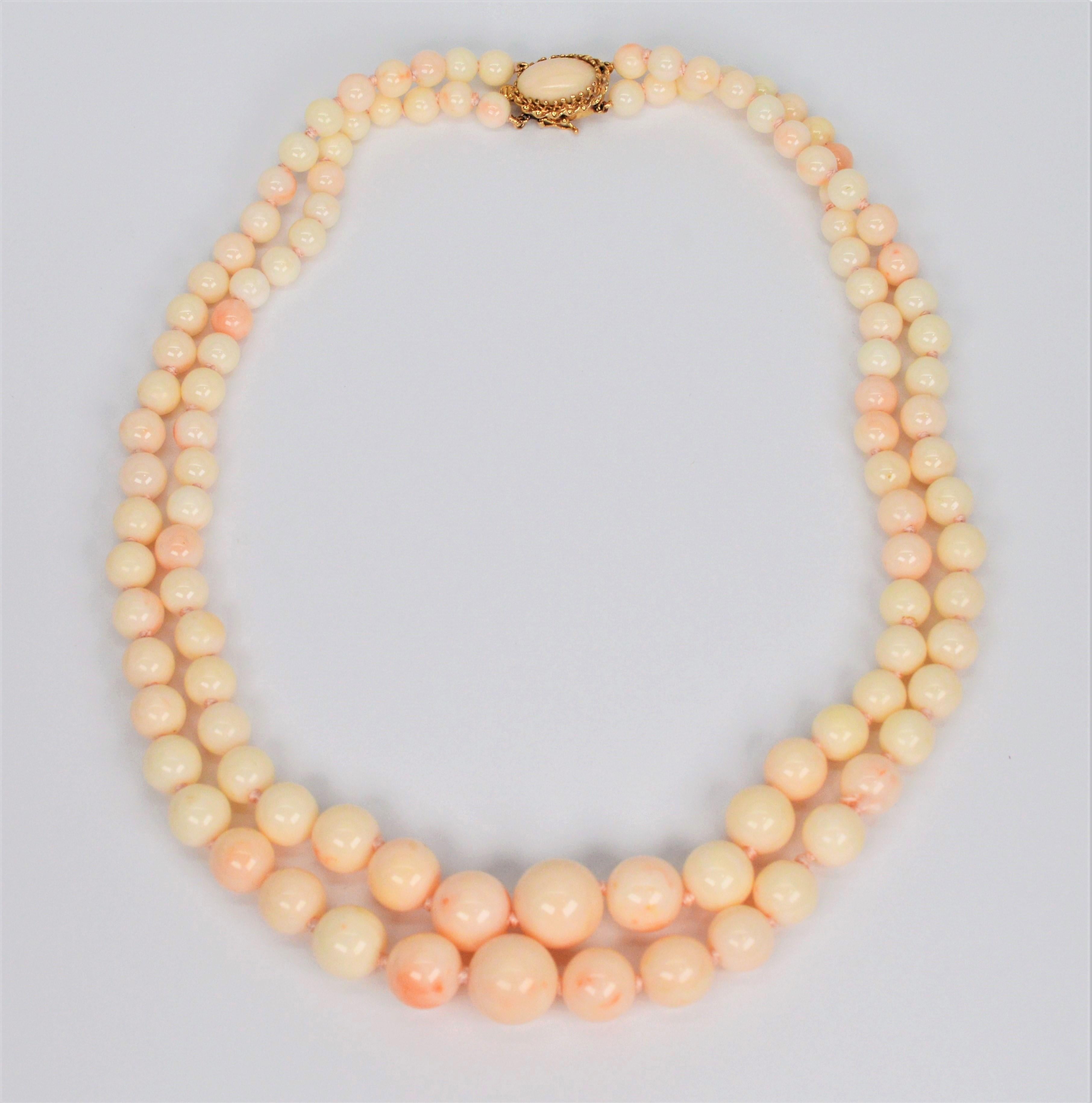 Vintage Blush Coral Bead Double Strand Necklace w 14 Karat Gold Clasp In Excellent Condition For Sale In Mount Kisco, NY