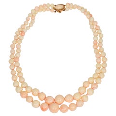 Vintage Blush Coral Bead Double Strand Necklace w 14 Karat Gold Clasp