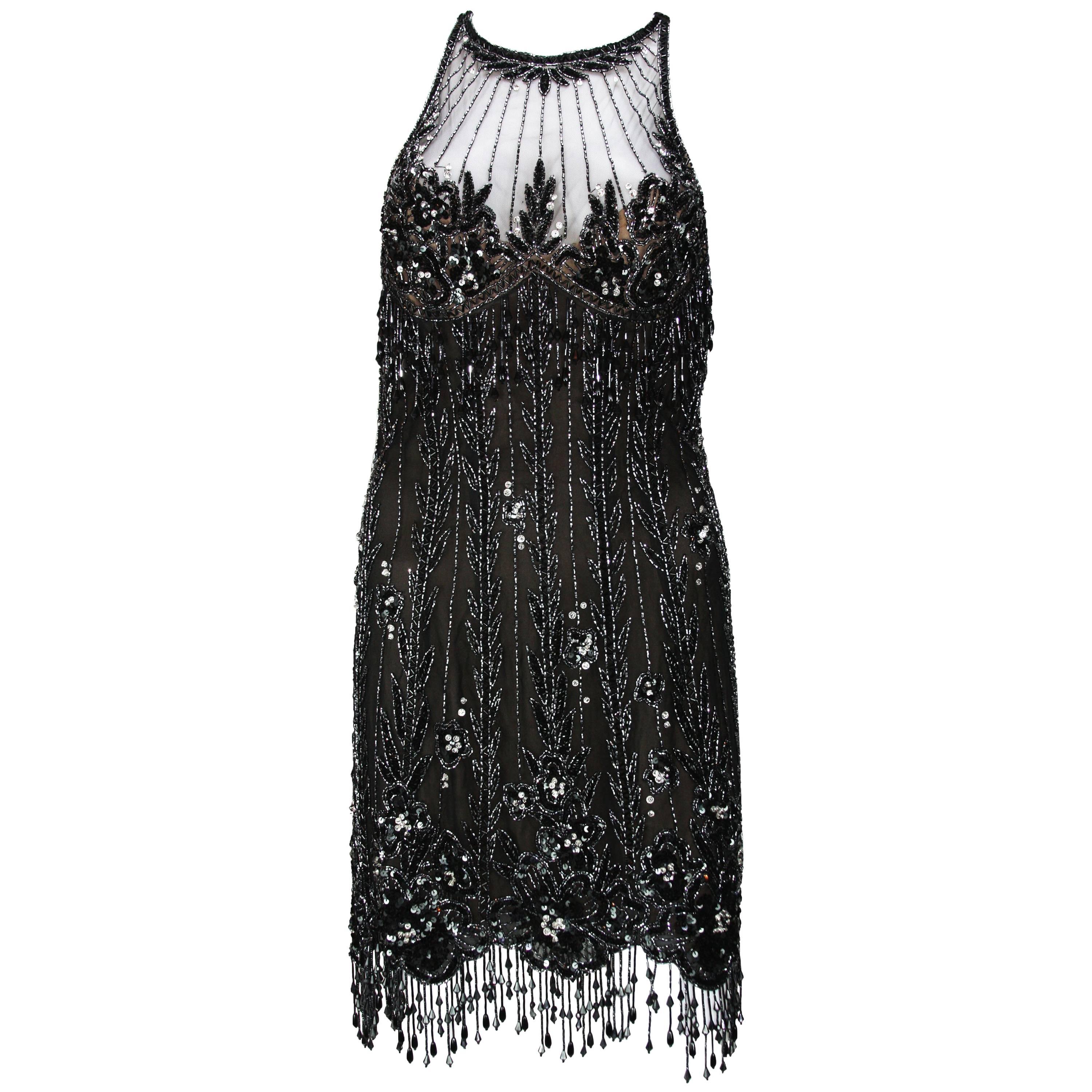 Vintage Bob Mackie 20s Inspired Beaded Gatsby Flapper Black Dress size 4 For Sale