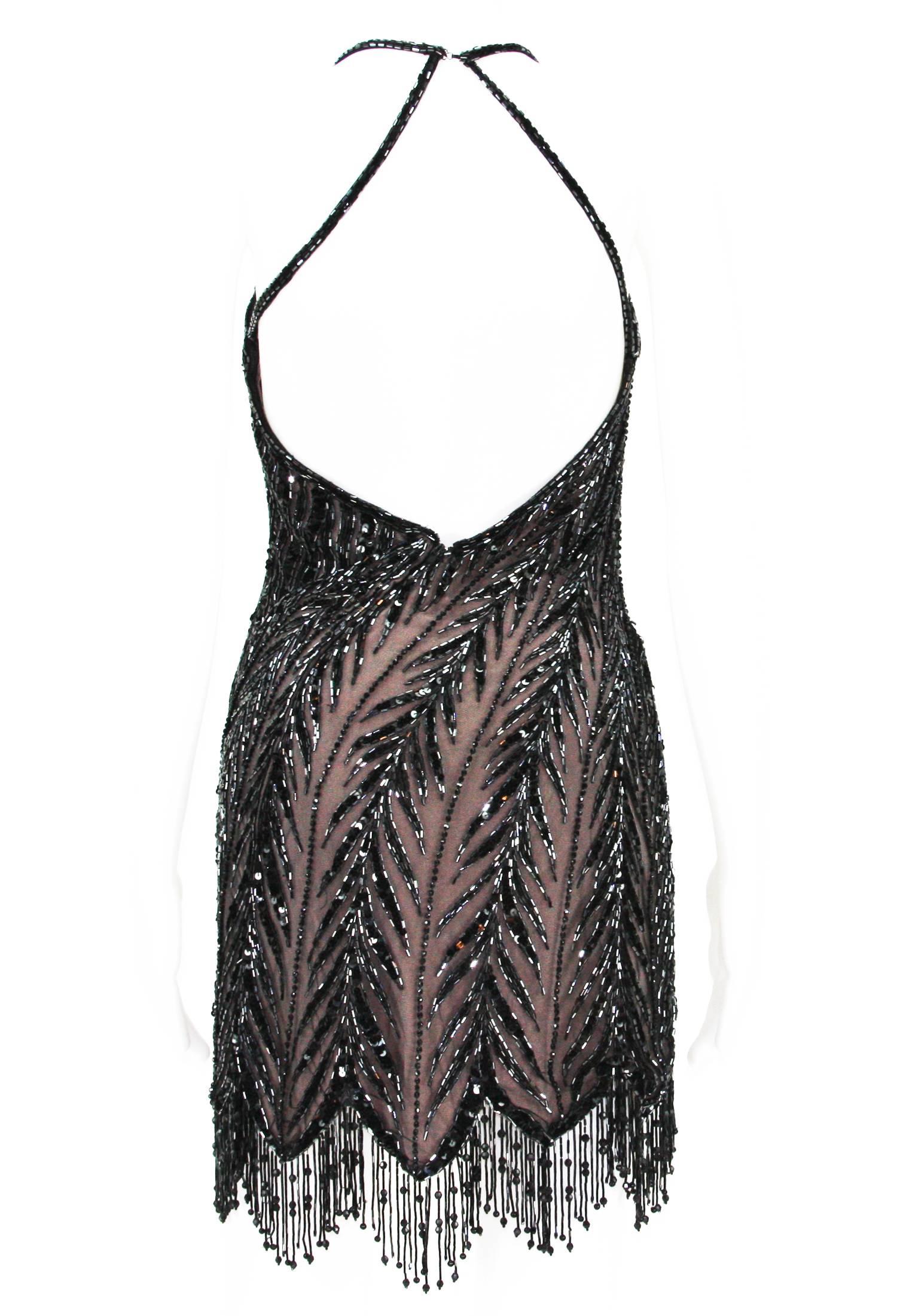 Vintage Bob Mackie 80er Jahre Perlen Gatsby Flapper Open Back Kleid Größe 6 und 12 (Schwarz) im Angebot