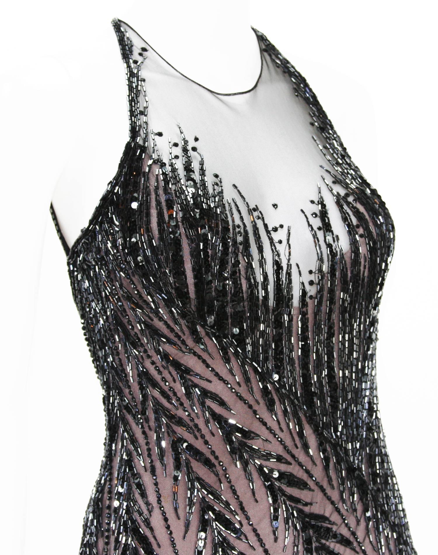 Vintage Bob Mackie 80er Jahre Perlen Gatsby Flapper Open Back Kleid Größe 6 und 12 Damen im Angebot