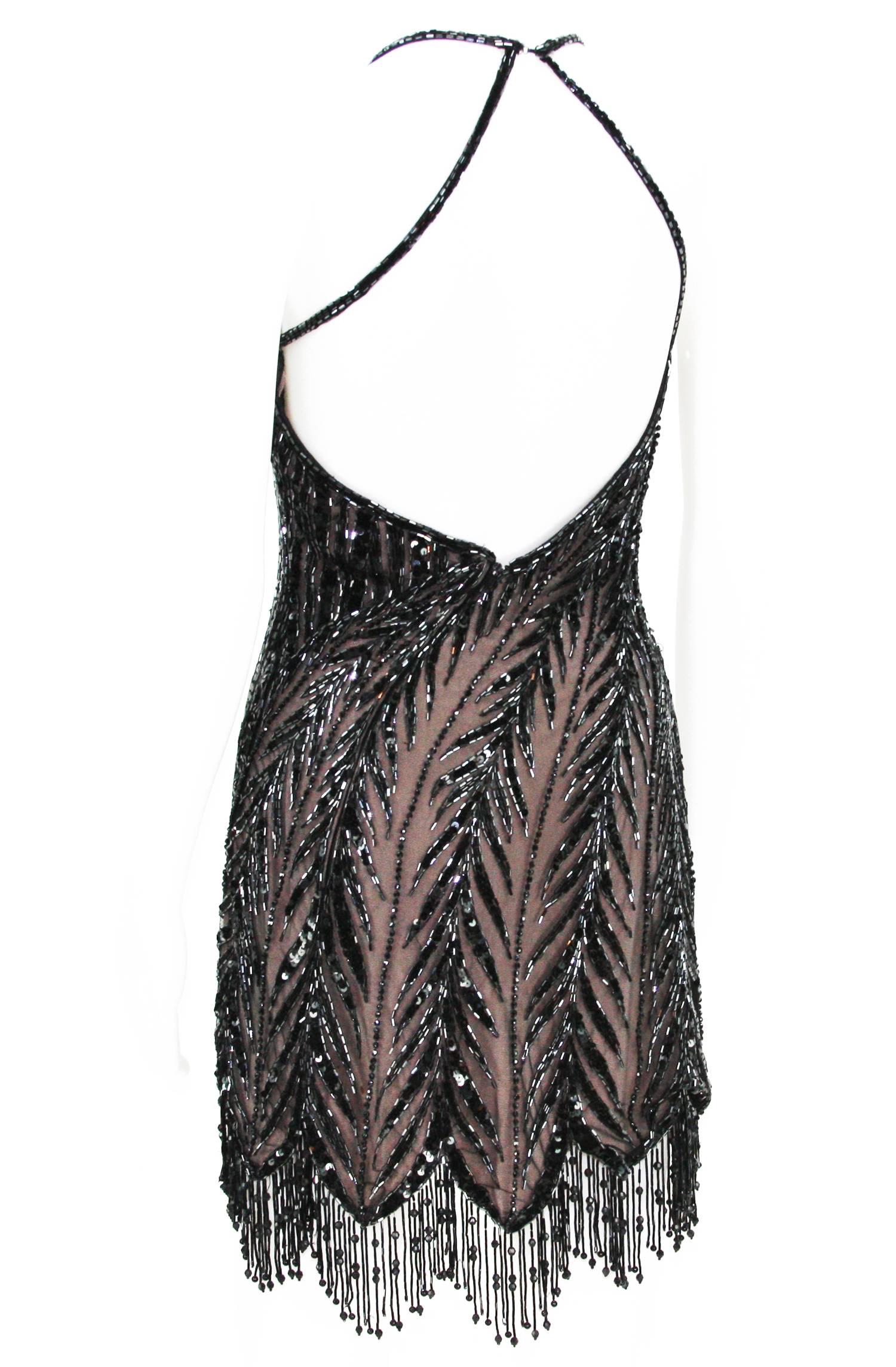 Vintage Bob Mackie 80er Jahre Perlen Gatsby Flapper Open Back Kleid Größe 6 und 12 im Angebot 1