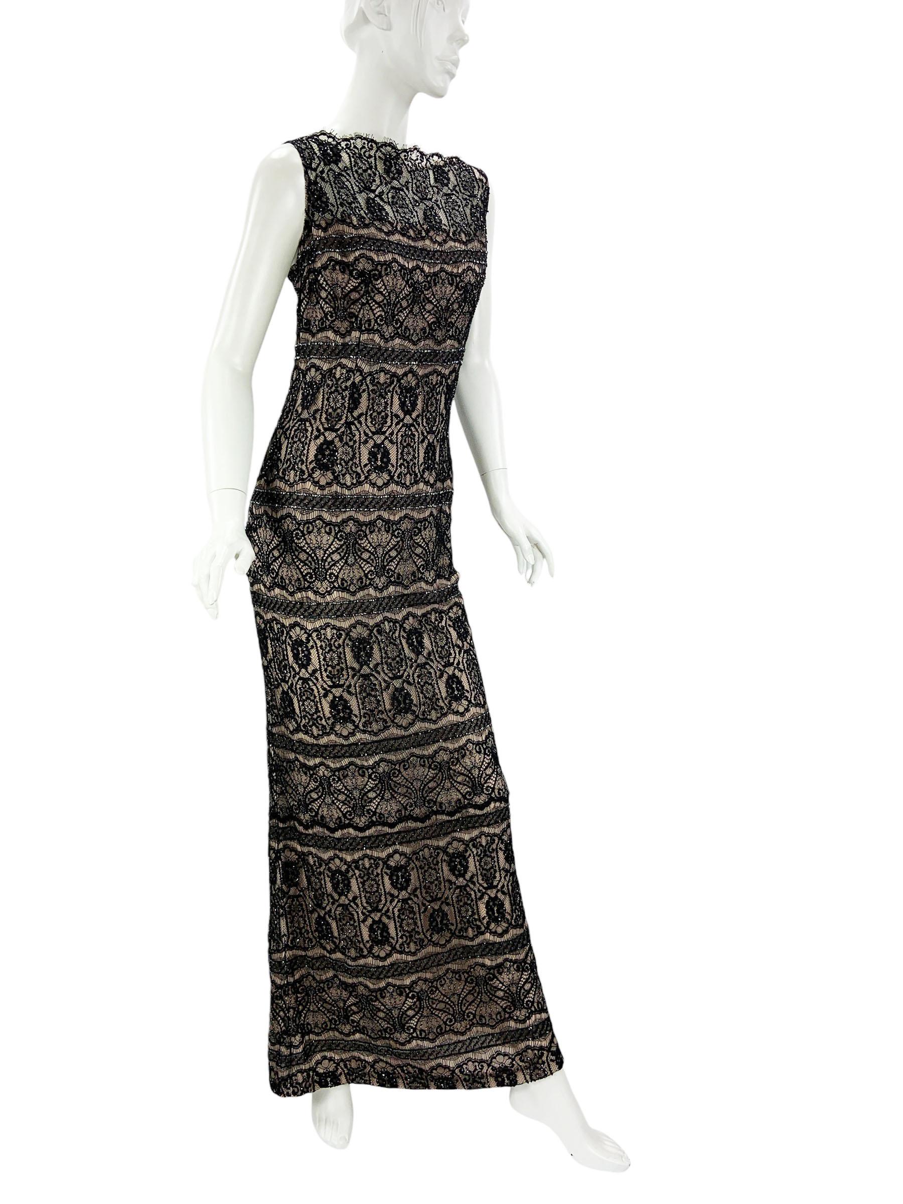 Vintage Bob Mackie 80's Black Lace Fully Beaded Maxi Dress Gown US 10 In New Condition For Sale In Montgomery, TX