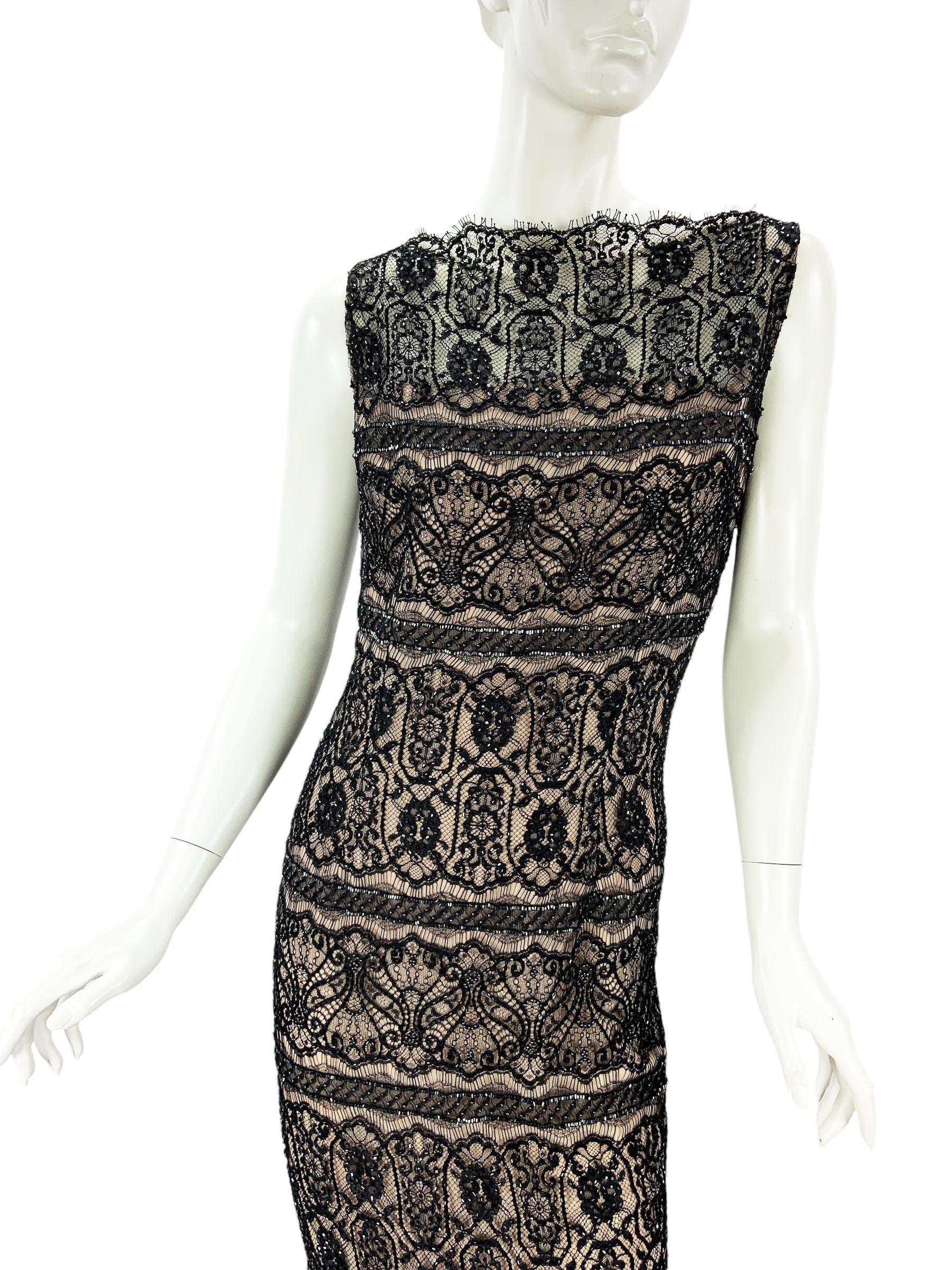 Vintage Bob Mackie 80's Black Lace Fully Beaded Maxi Dress Gown US 10 For Sale 1