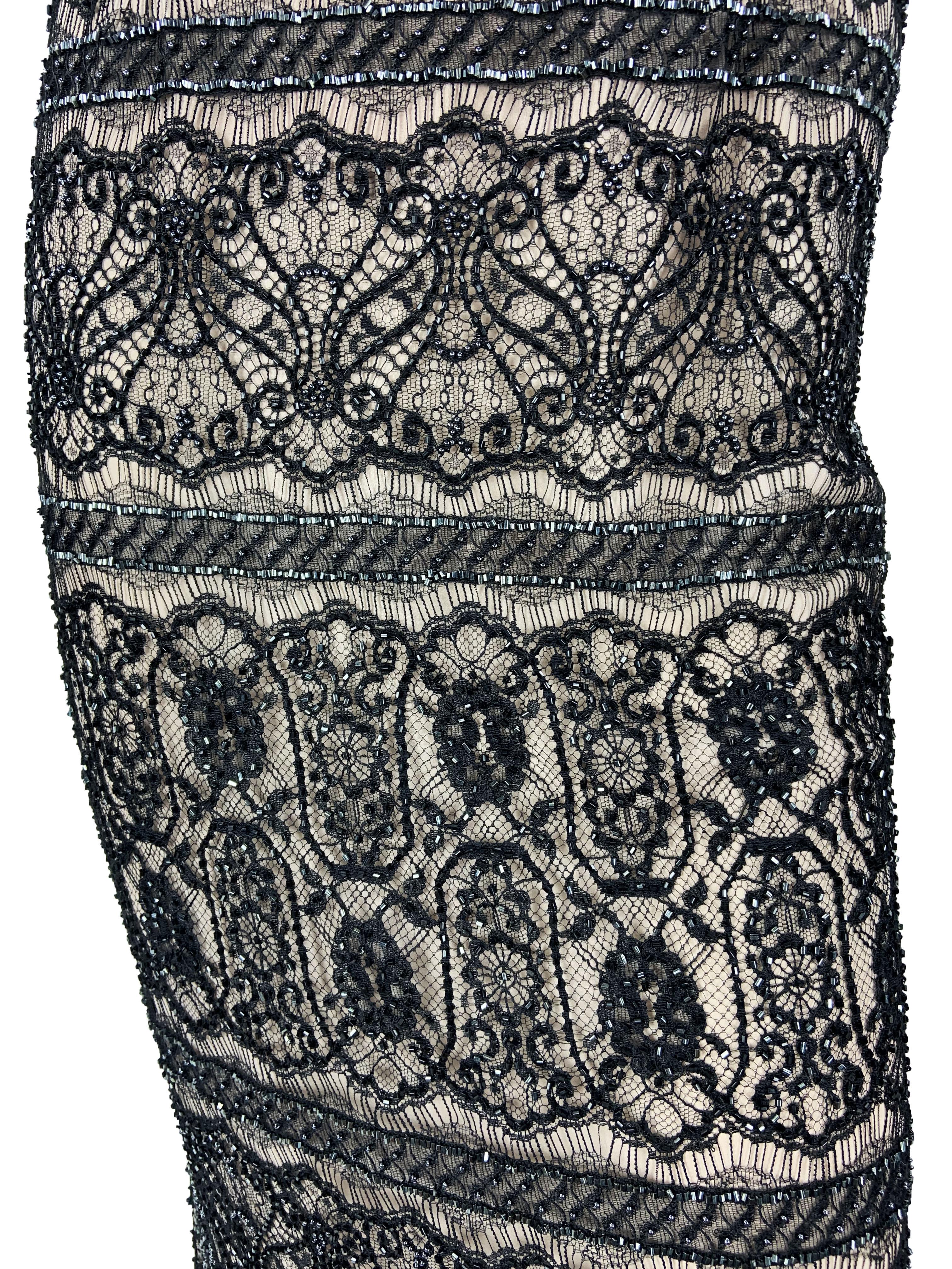 Vintage Bob Mackie 80's Black Lace Fully Beaded Maxi Dress Gown US 10 For Sale 3