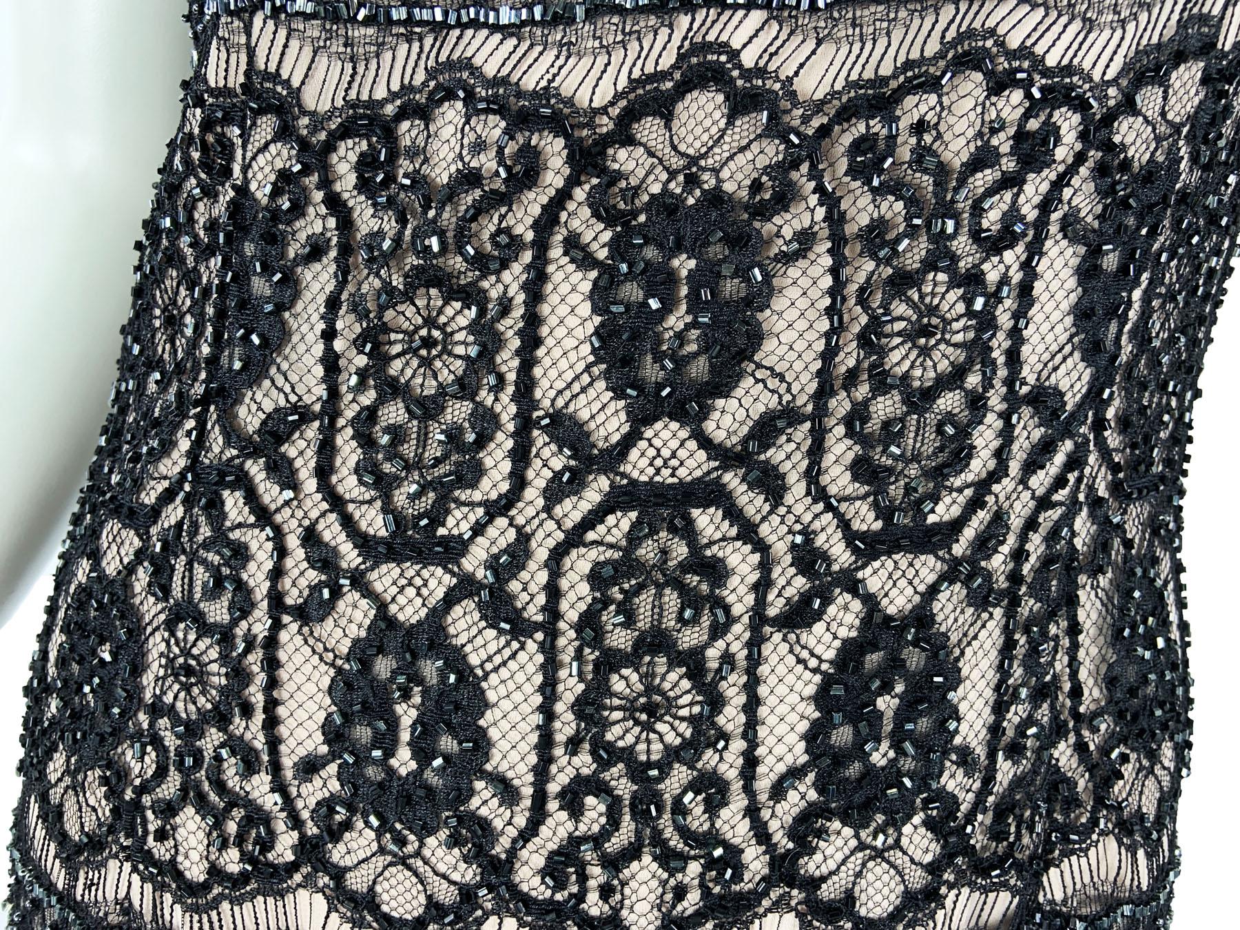 Vintage Bob Mackie 80's Black Lace Fully Beaded Maxi Dress Gown US 10 For Sale 5