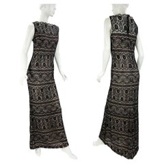 Robe longue vintage Bob Mackie des années 80, entièrement perlée de dentelle noire taille US 10
