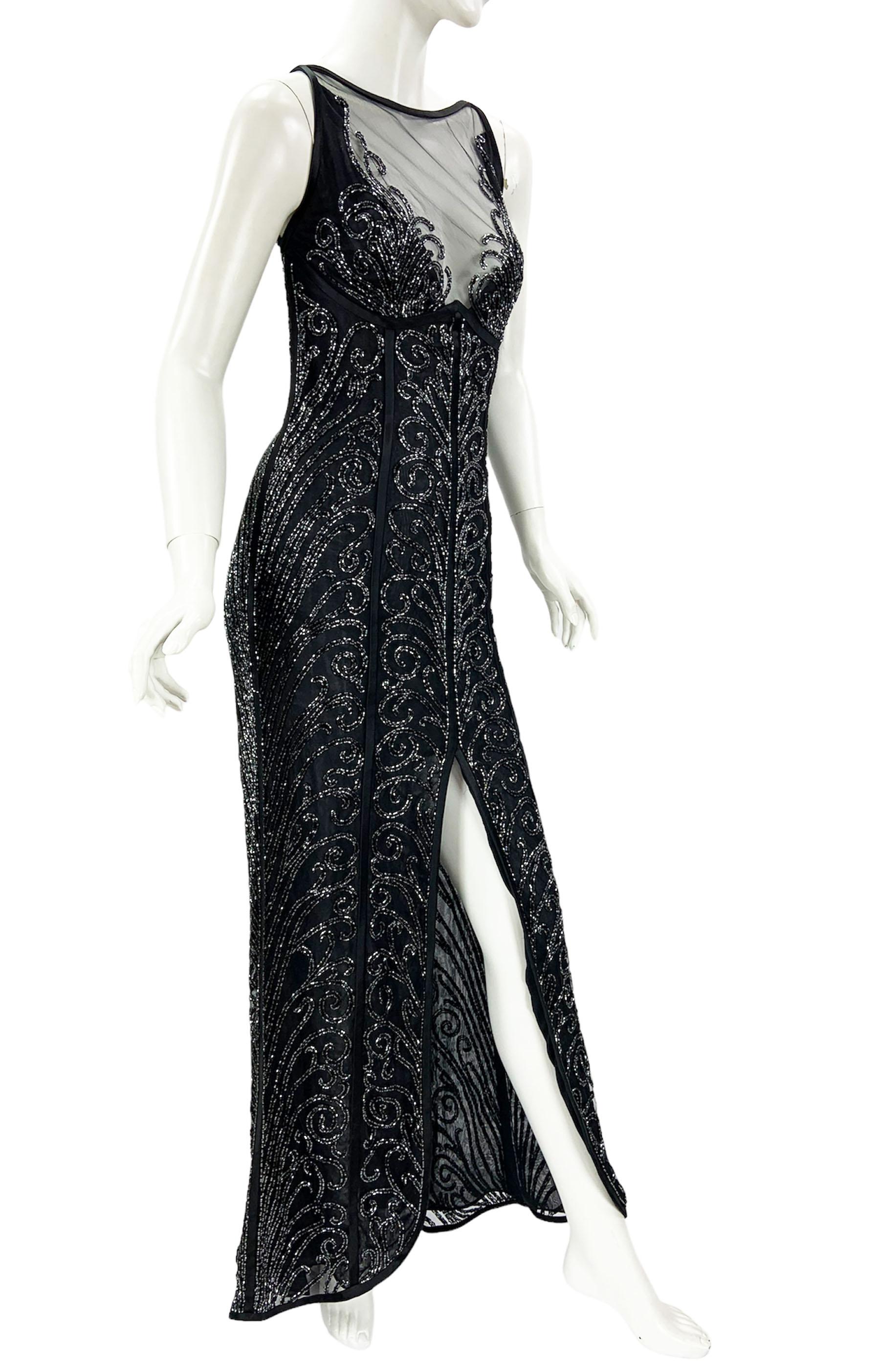 Vintage Bob Mackie Black Fully Beaded Tulle Dress Gown US size 12 NWT In Excellent Condition For Sale In Montgomery, TX