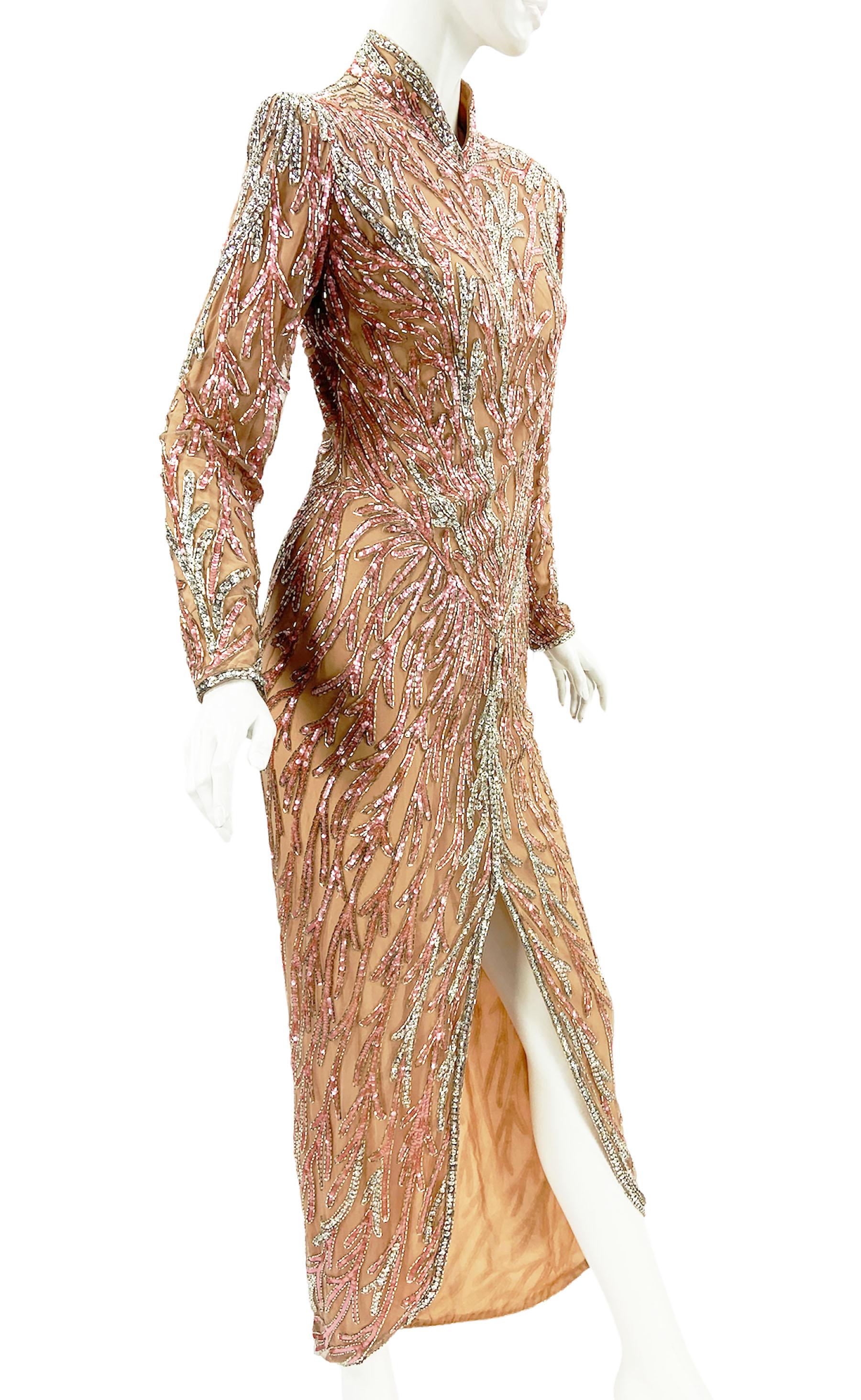 Bob Mackie Boutique Vintage Kleid in Rosa und Silber, voll verschönert, US 12 (Braun) im Angebot