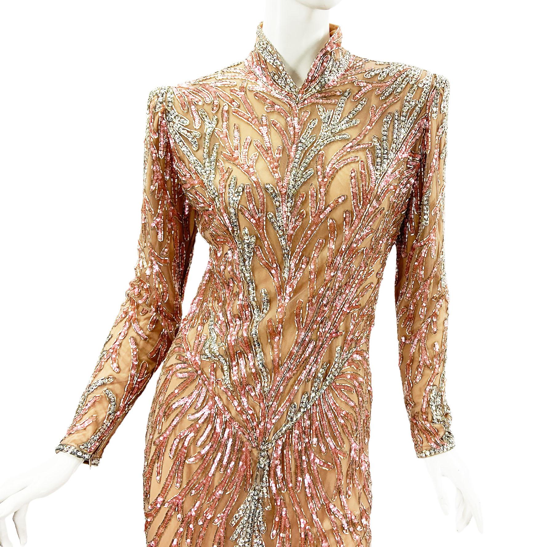 Bob Mackie Boutique Vintage Kleid in Rosa und Silber, voll verschönert, US 12 Damen im Angebot