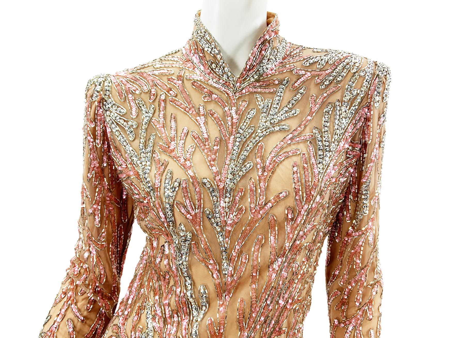 Brown Vintage Bob Mackie Boutique Fully Embellished Pink Silver Dress Gown US 12 For Sale