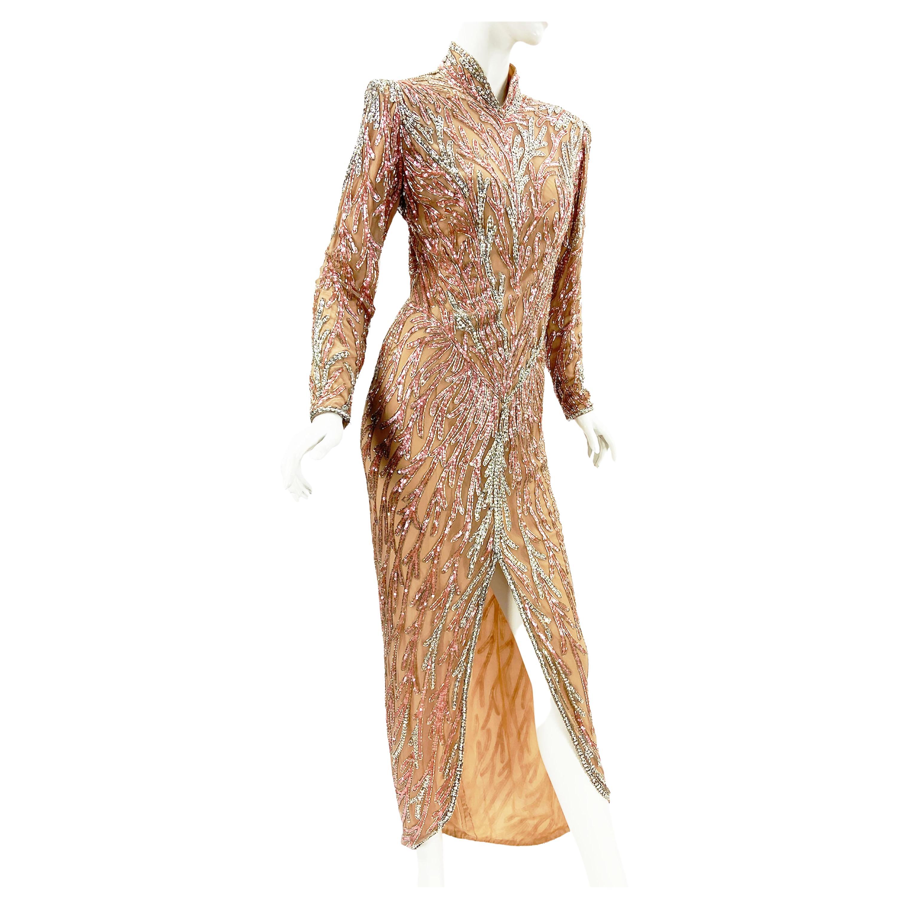 Vintage Bob Mackie Boutique Fully Embellished Pink Silver Dress Gown US 12 For Sale