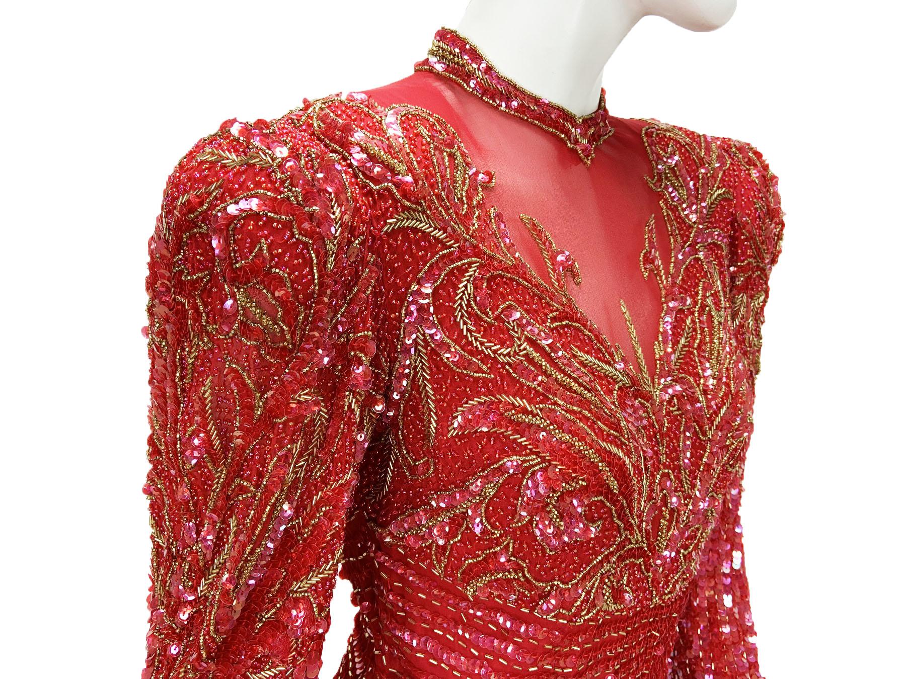 Vintage Bob Mackie Fully Embellished Red Maxi Dress Gown Small For Sale 3