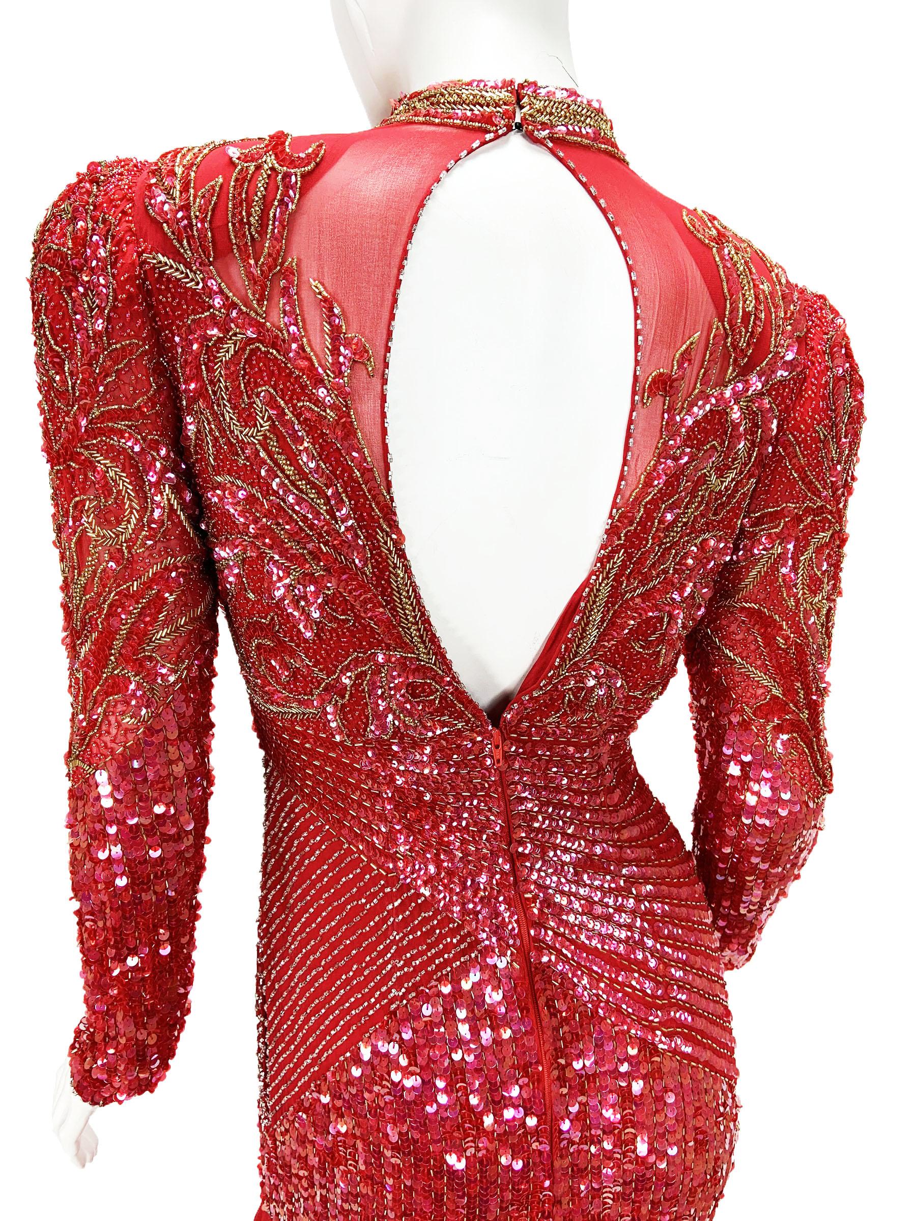 Vintage Bob Mackie Fully Embellished Red Maxi Dress Gown Small For Sale 4