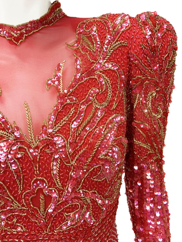 open lace back dress Bob Mackie Vintage SS1989 Runway Black Orange Red Sequin Beaded Fringe   Amarcord Vintage Fashion