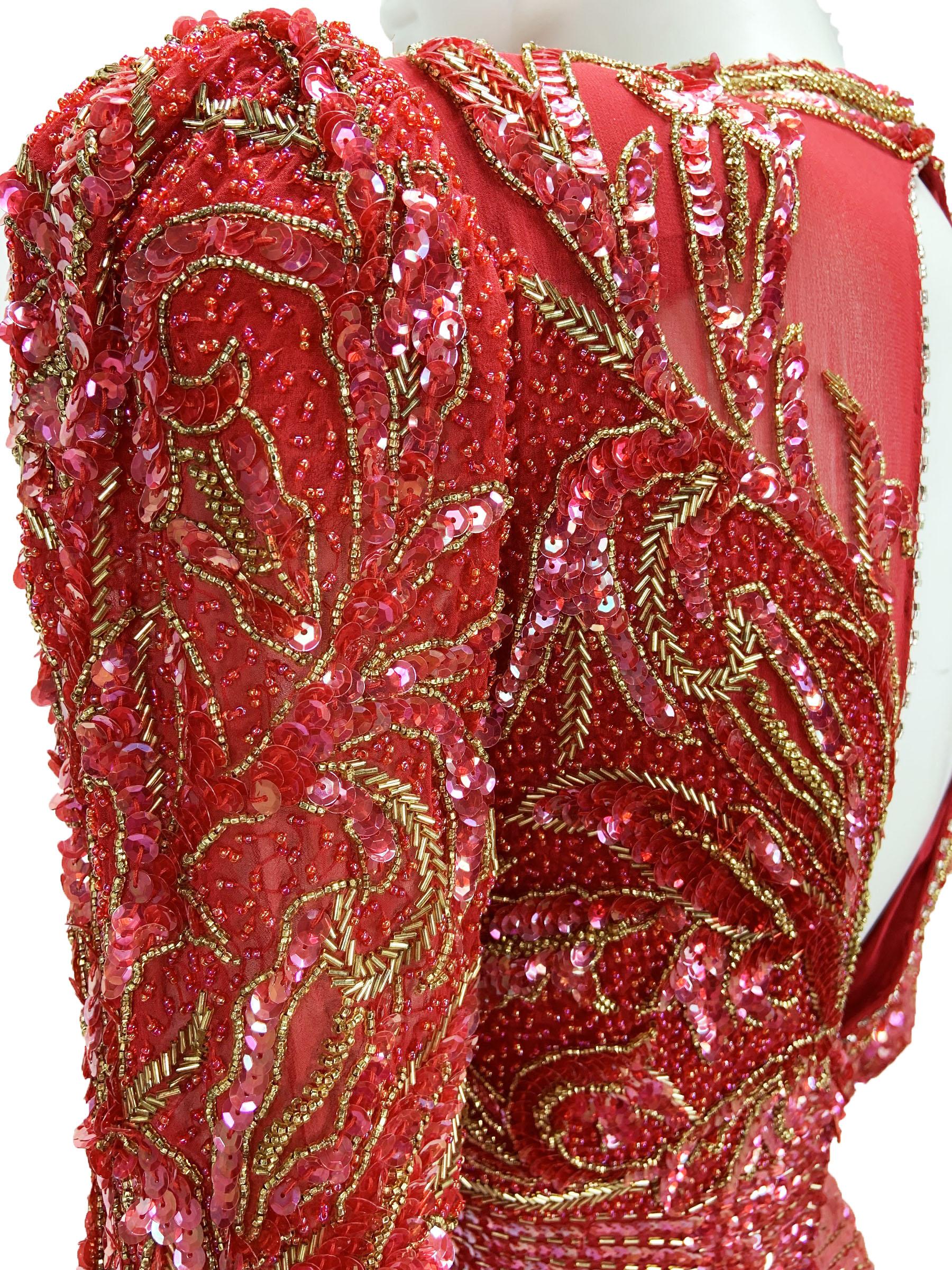 Vintage Bob Mackie Fully Embellished Red Maxi Dress Gown Small For Sale 8