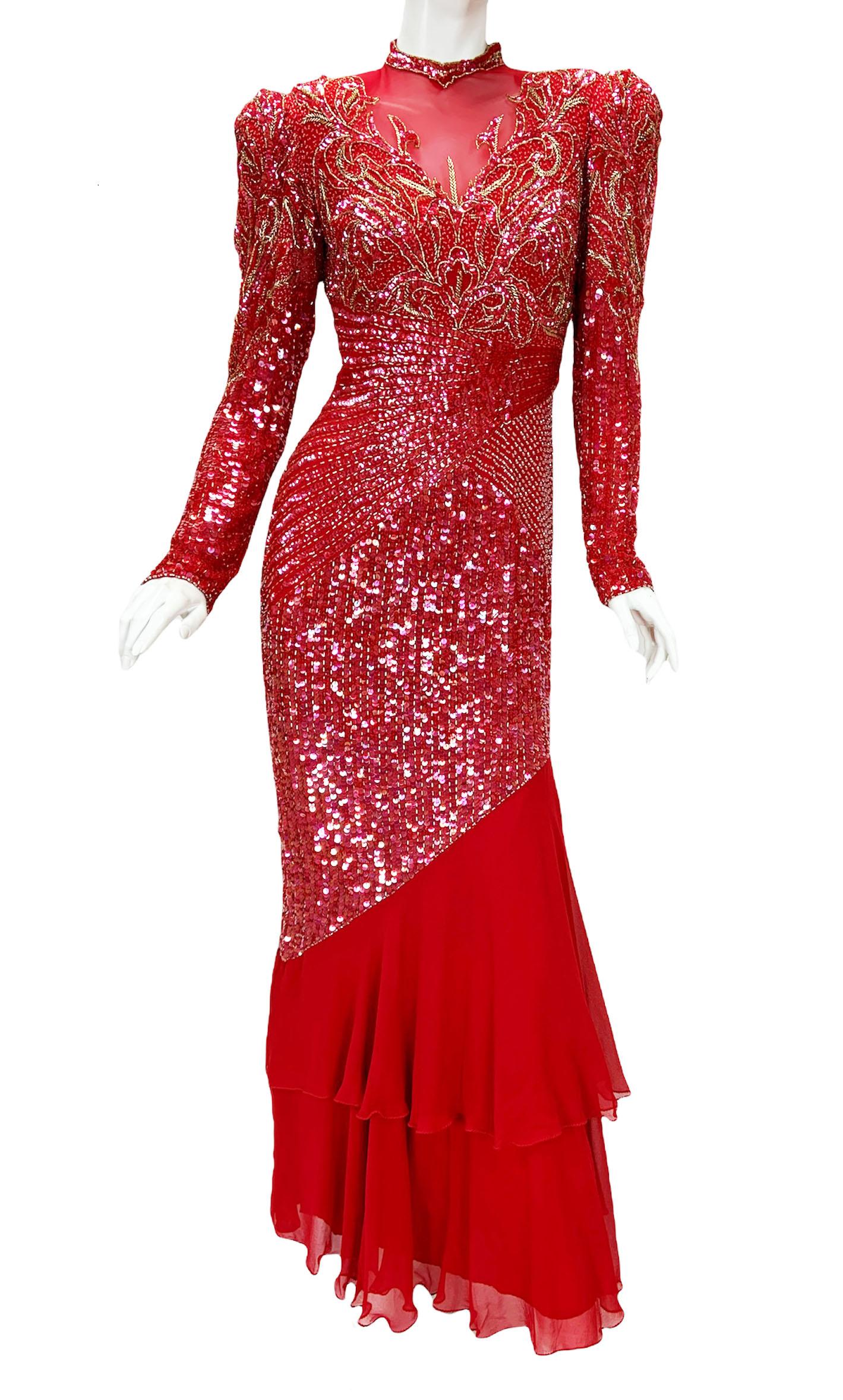 Vintage Bob Mackie Fully Embellished Red Maxi Dress Gown Small For Sale 10