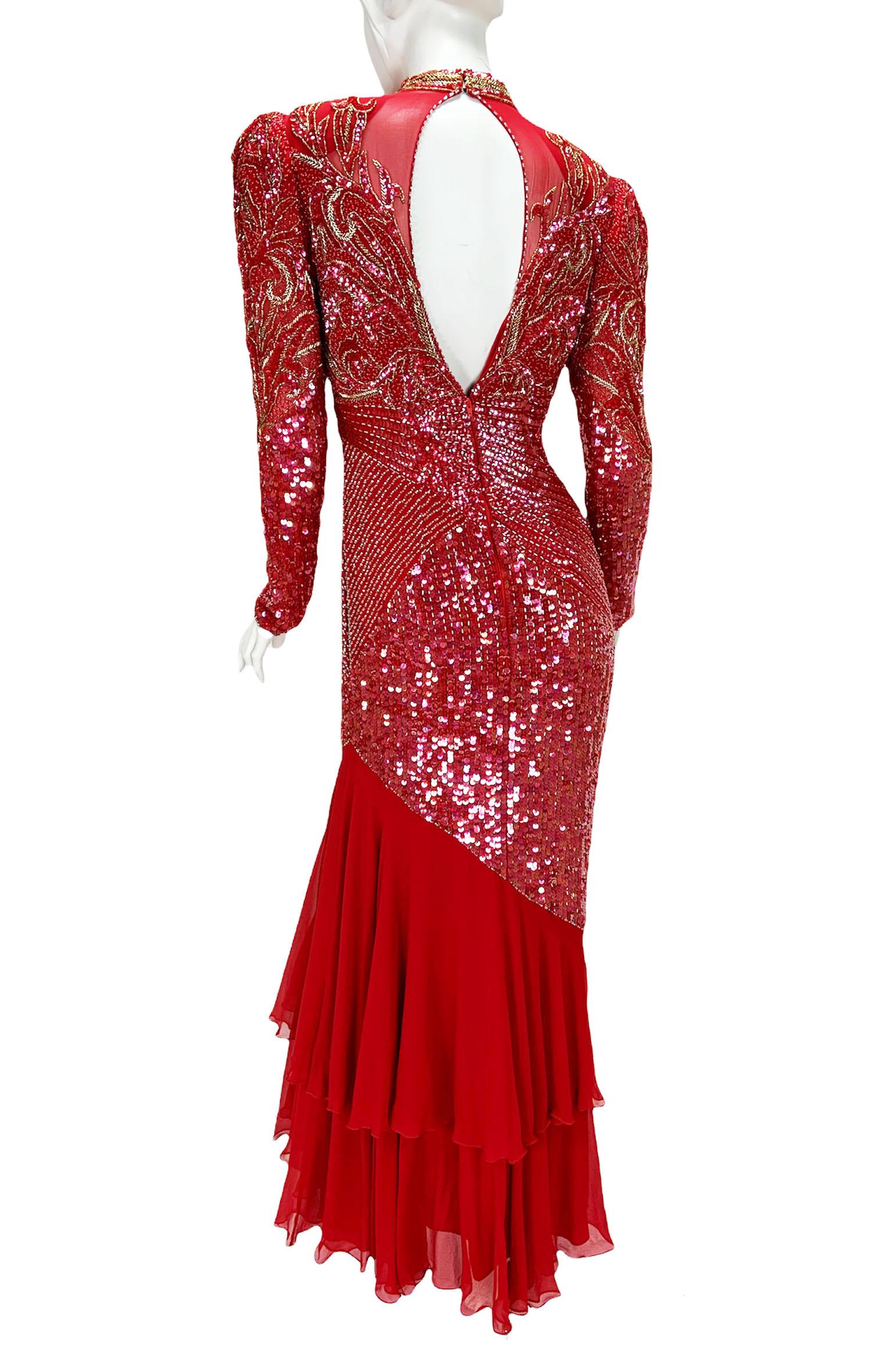 Vintage Bob Mackie Vollständig verschönert Rotes Maxikleid Kleid Klein Damen im Angebot