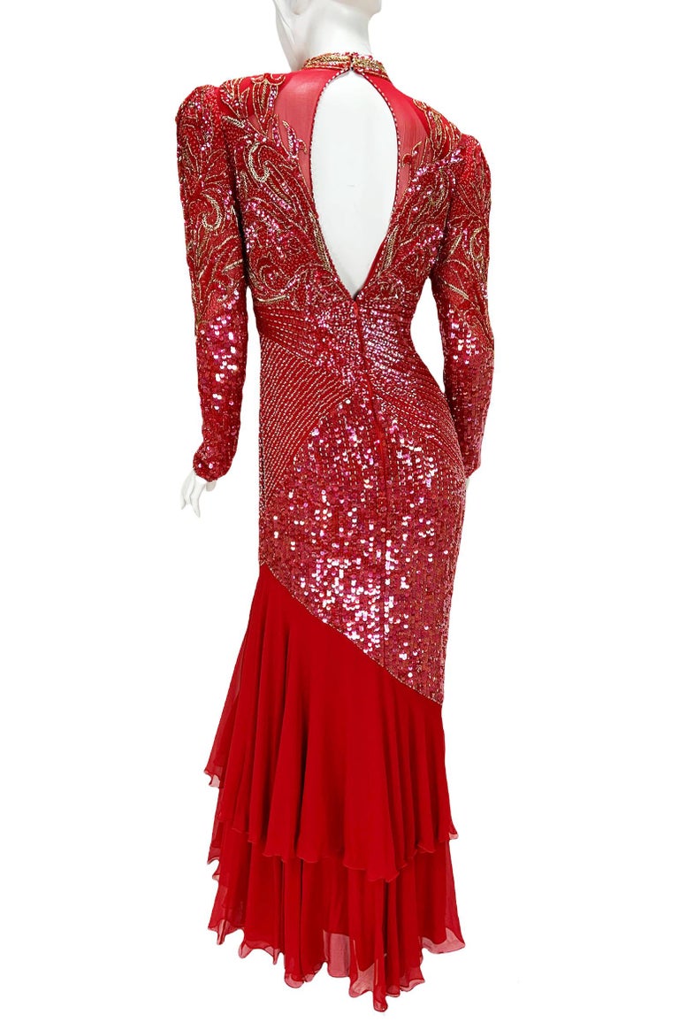 chinese dress ladies 1990's Bob Mackie Pink Beaded Silk Strapless Bustier Hourglass Gown