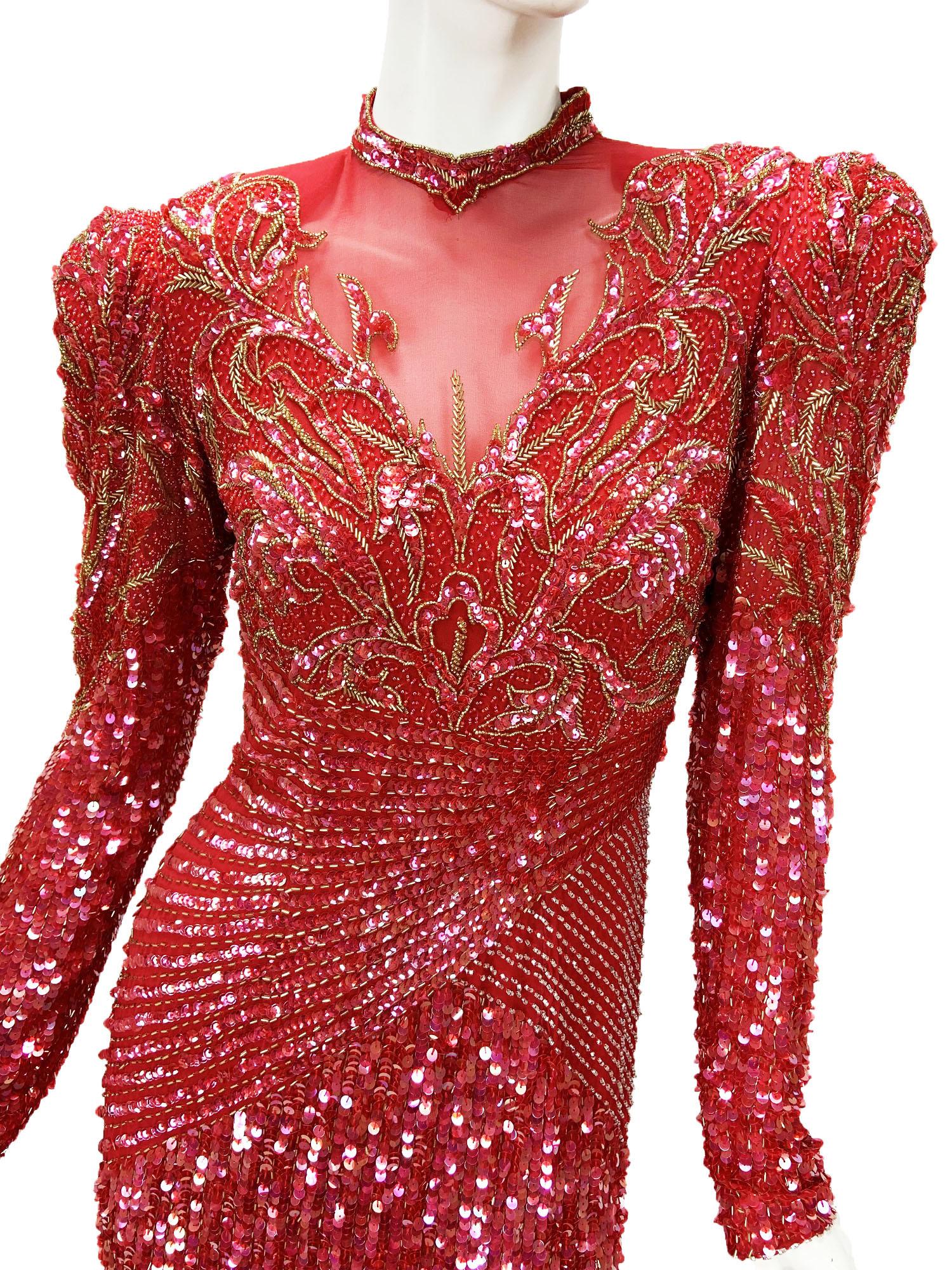 Vintage Bob Mackie Fully Embellished Red Maxi Dress Gown Small In Excellent Condition For Sale In Montgomery, TX