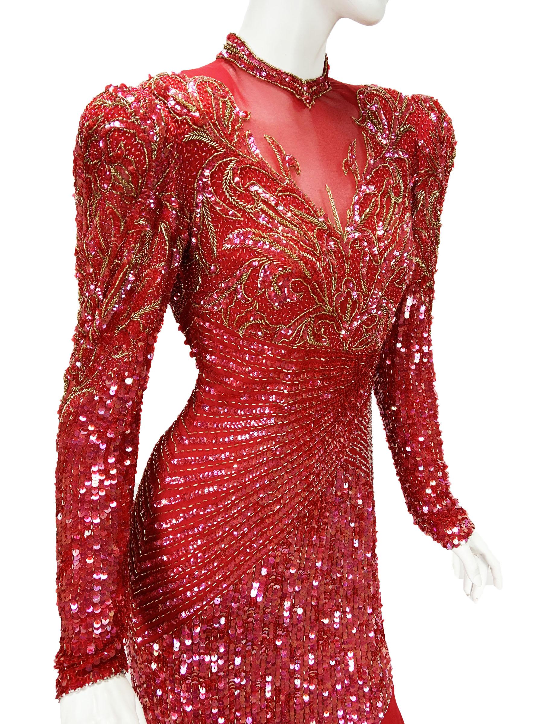 Vintage Bob Mackie Fully Embellished Red Maxi Dress Gown Small For Sale 1