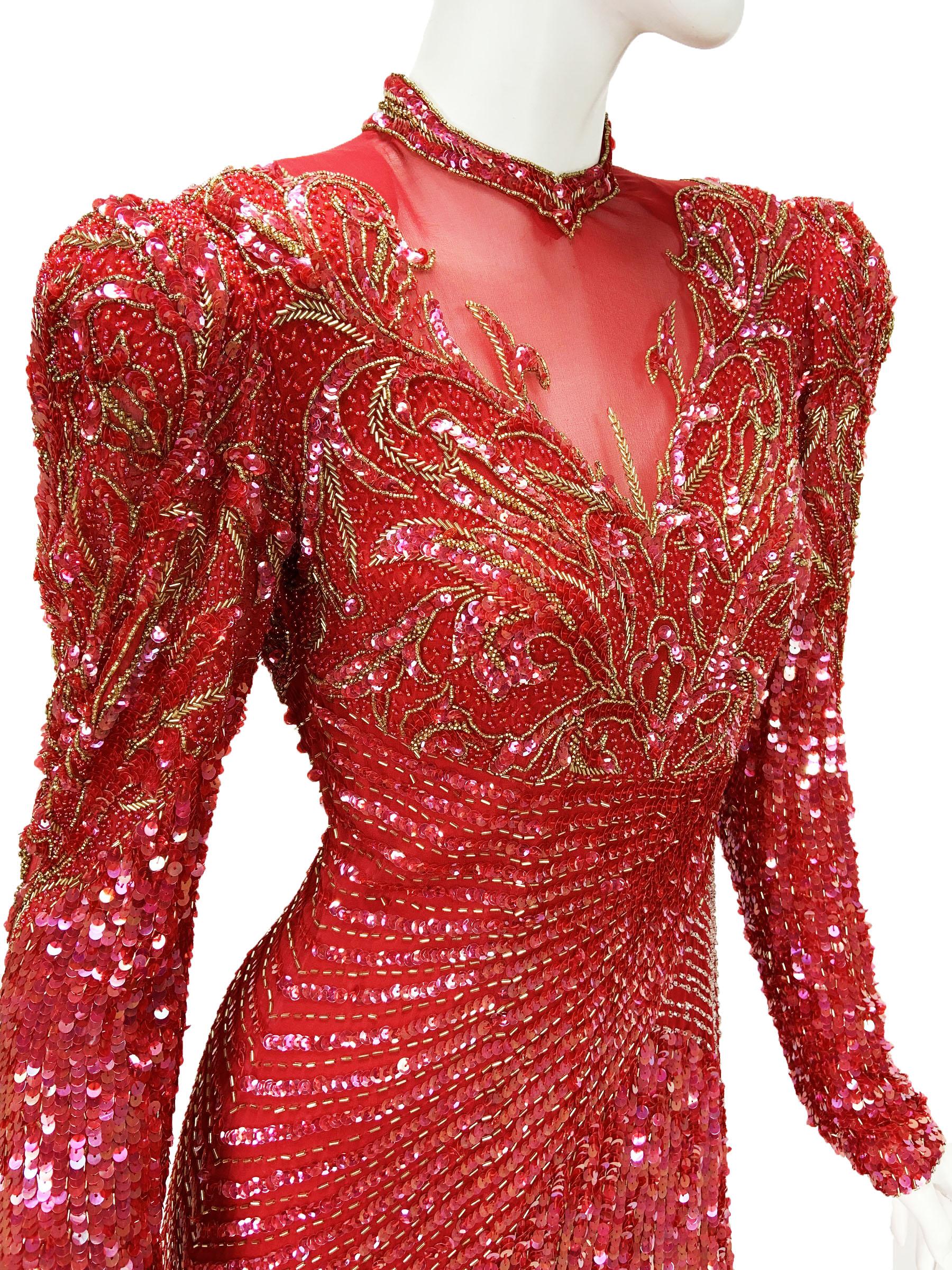 Vintage Bob Mackie Fully Embellished Red Maxi Dress Gown Small For Sale 2