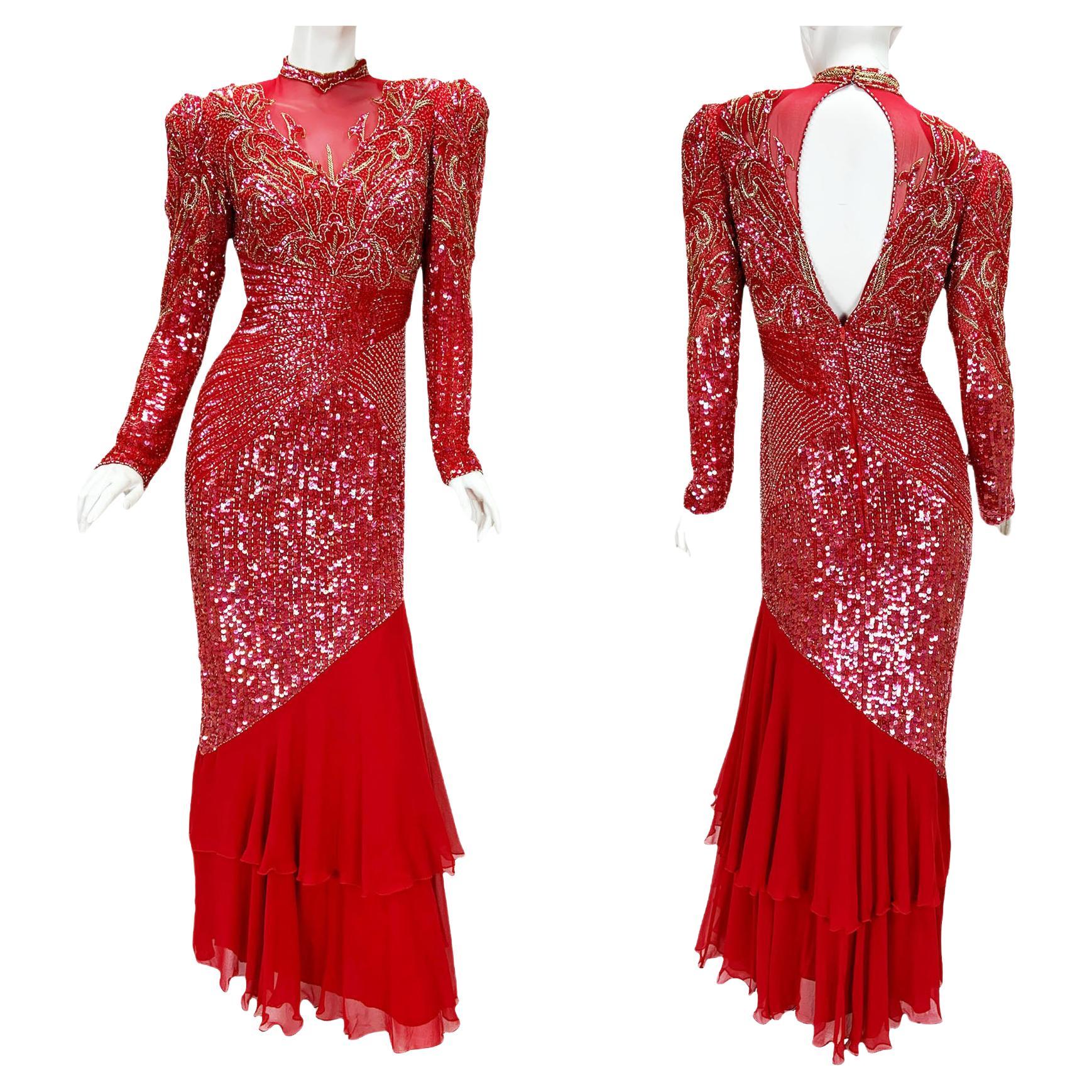 Vintage Bob Mackie Fully Embellished Red Maxi Dress Gown Small For Sale