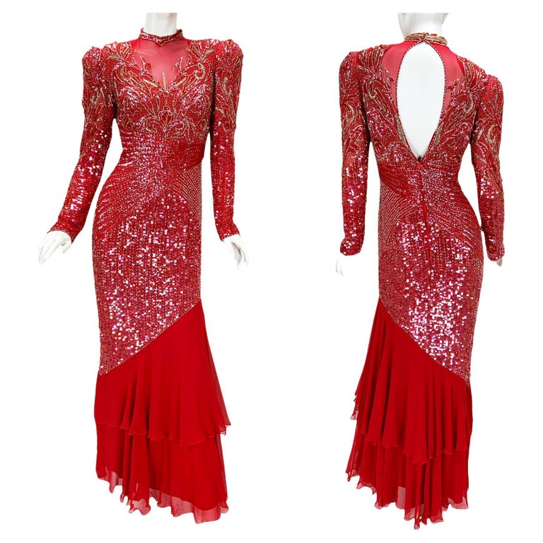 Vintage Bob Mackie Maxi Vestido Rojo Adornado Pequeño en venta en