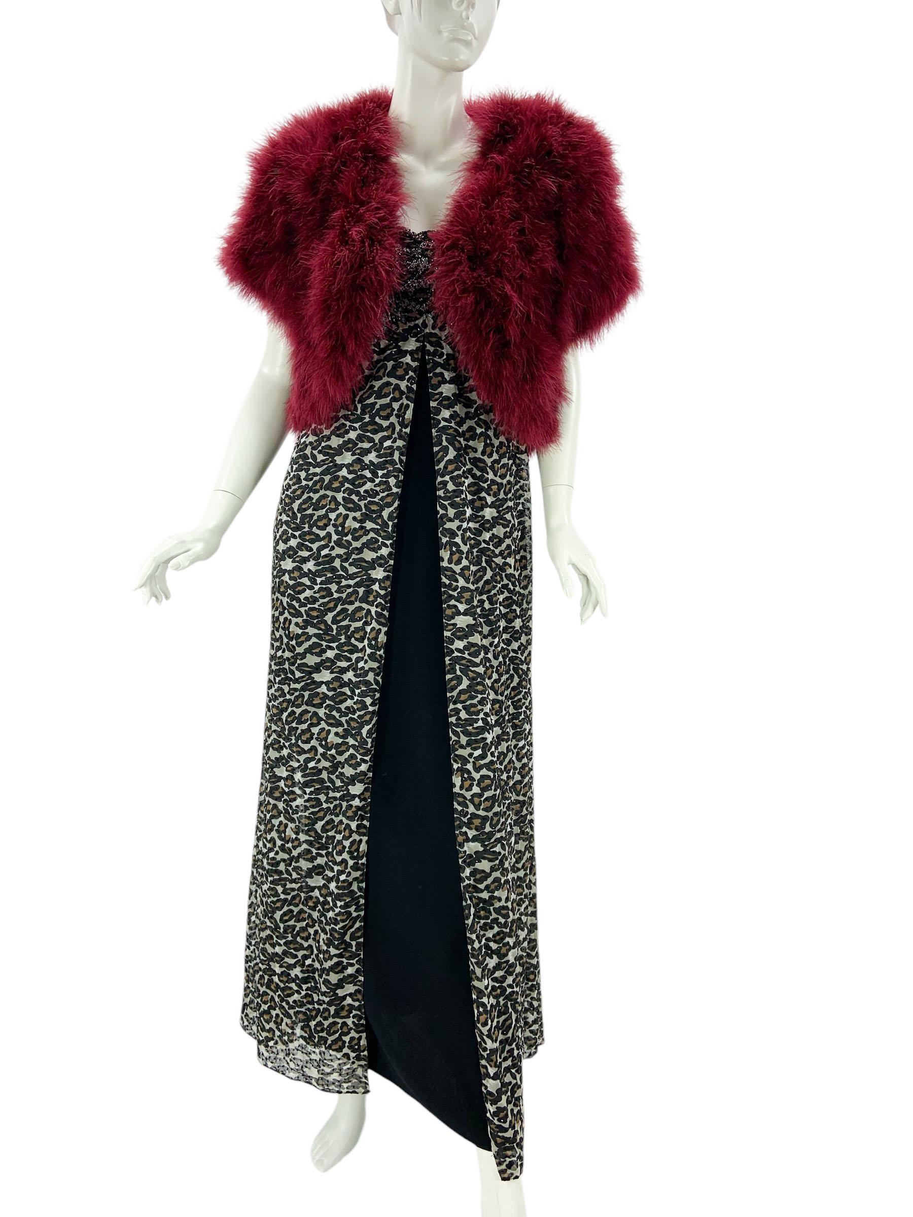 Vintage Bob Mackie Leopard Print Fully Beaded Dress + Feather Bolero
Label size missing, approx. Small ( please see measurements )
Bustier beaded evening dress, Empire waist with attached cape-like.
Black fabric on dress has some stretch, Back zip