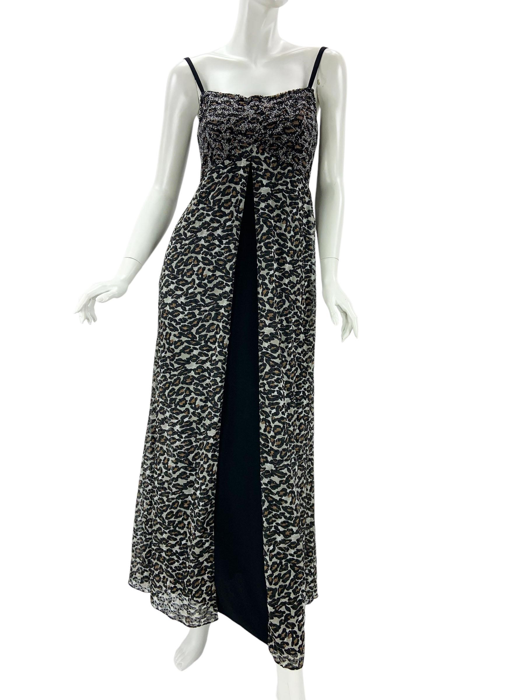 Vintage Bob Mackie Leopard Print Fully Beaded Dress with Feather Bolero  size S In Excellent Condition For Sale In Montgomery, TX