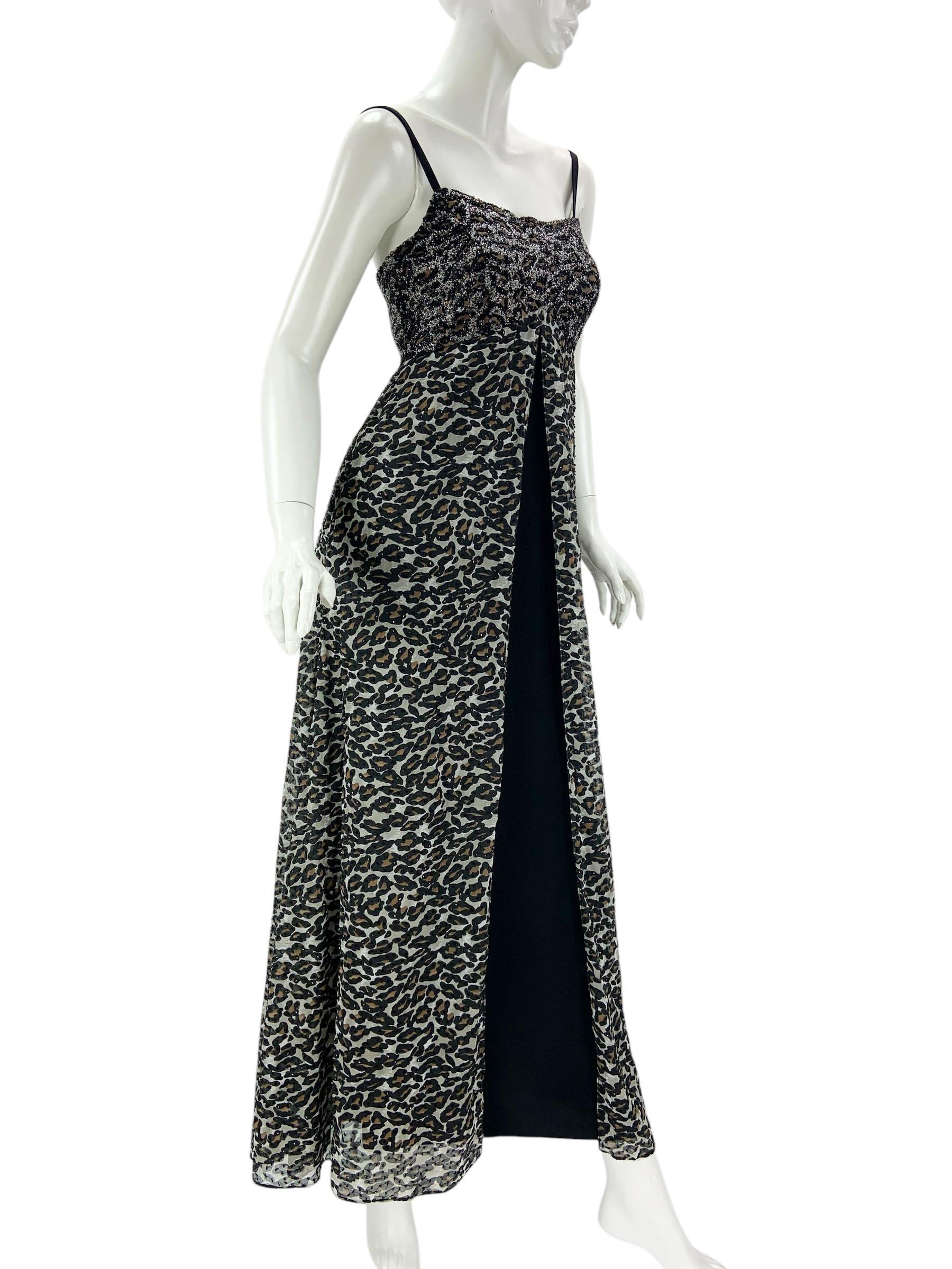 Vintage Bob Mackie Leopard Print Fully Beaded Dress with Feather Bolero  size S For Sale 1