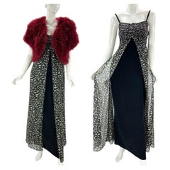 Bob Mackie Robe vintage entièrement perlée et boléro en plumes imprimé léopard  taille S