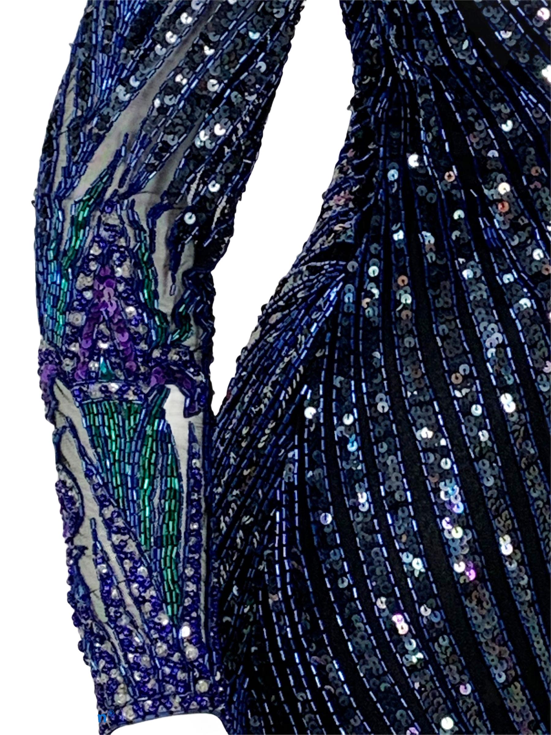 Vintage Bob Mackie Marineblau Vollständig verschönert Iris Blume Langes Kleid Kleid 5
