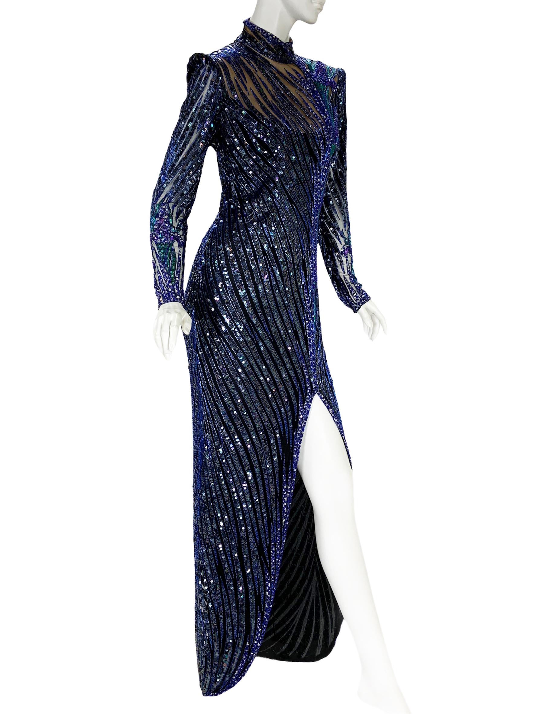 Vintage Bob Mackie Fully Embellished Long Dress Gown
Designer size 10 ( modern size will be smaller - pls. check measurements).
Hand Beaded, 100% Silk, Navy Blue Sequins Background, Beaded Purple Iris Flowers Makes this Dress Absolutely Different