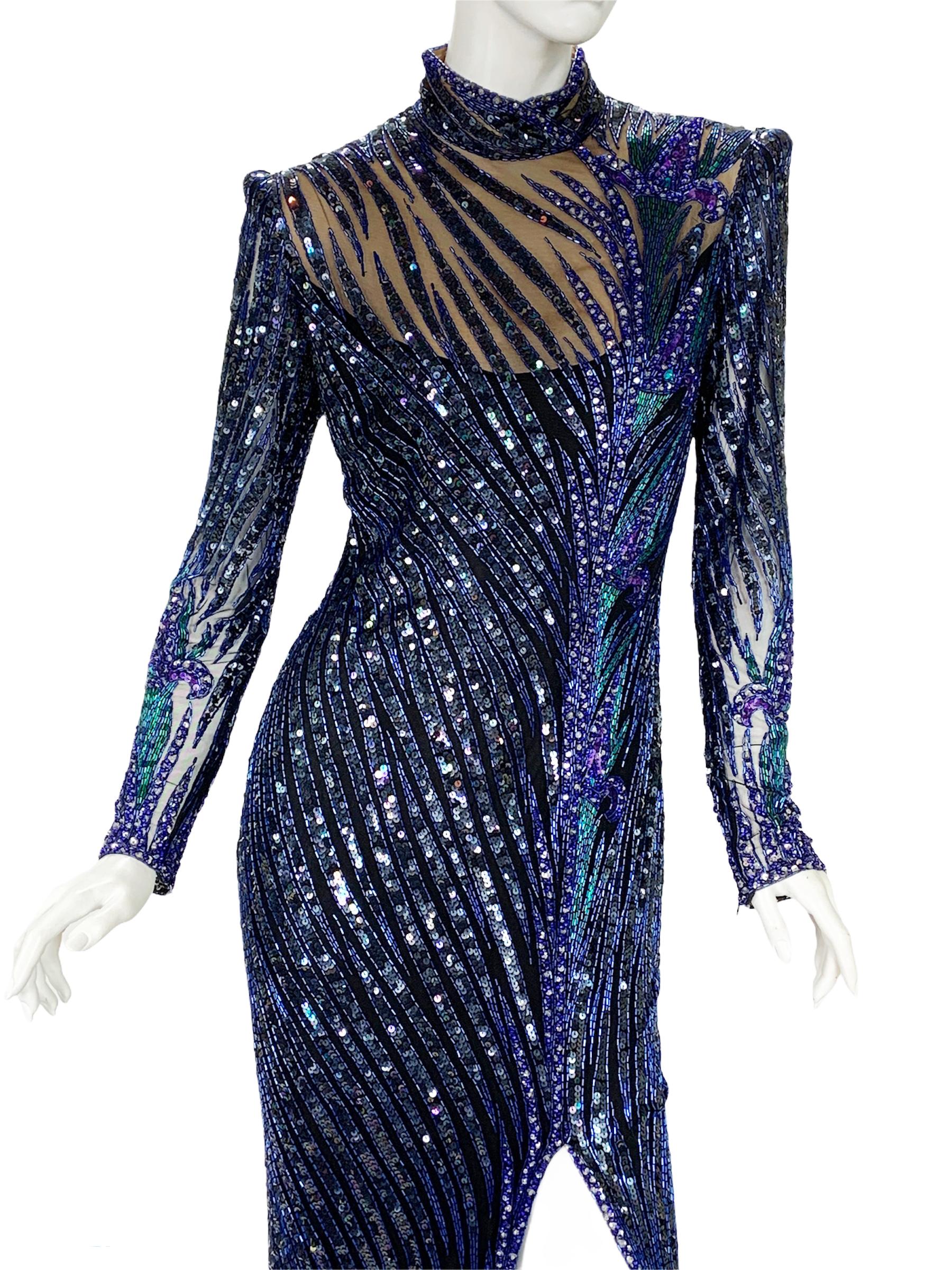 Vintage Bob Mackie Marineblau Vollständig verschönert Iris Blume Langes Kleid Kleid im Zustand „Hervorragend“ in Montgomery, TX
