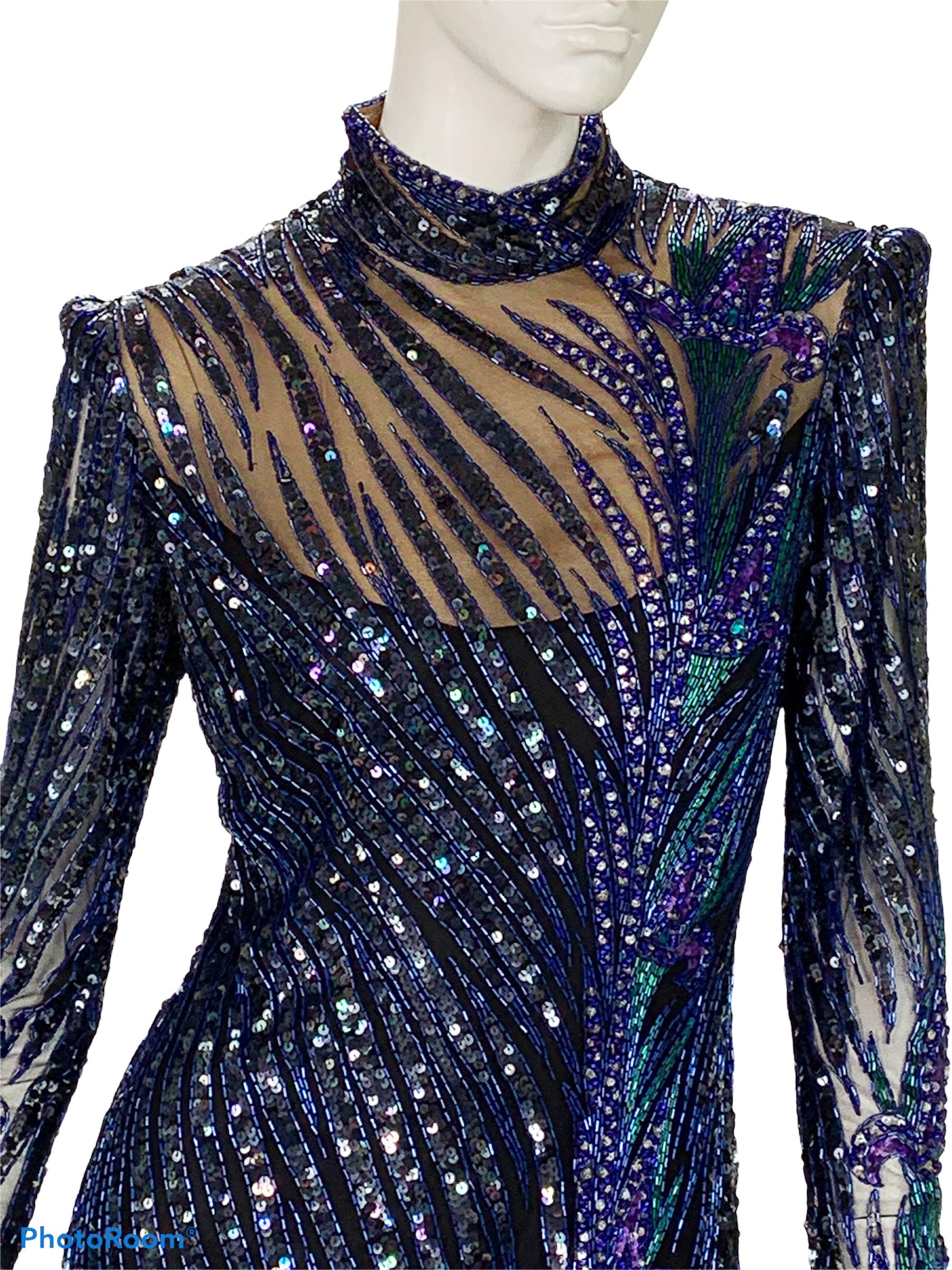 Vintage Bob Mackie Marineblau Vollständig verschönert Iris Blume Langes Kleid Kleid Damen