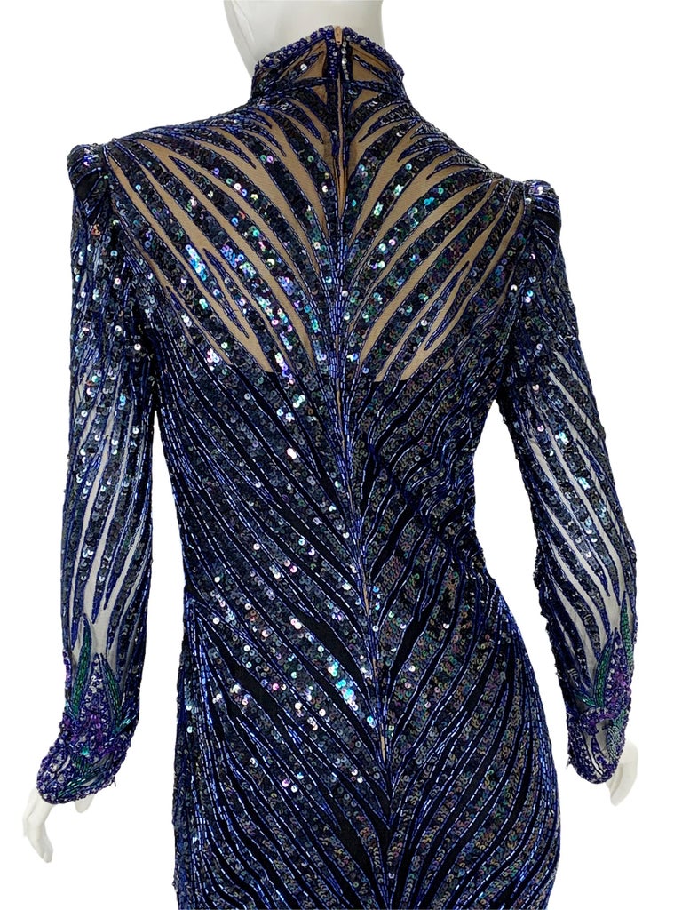 Vintage Bob Mackie Navy Blue Fully Embellished Iris Flower Long Dress vintage-bob-mackie-navy-blue-fully-embellished-iris-flower-long-dress