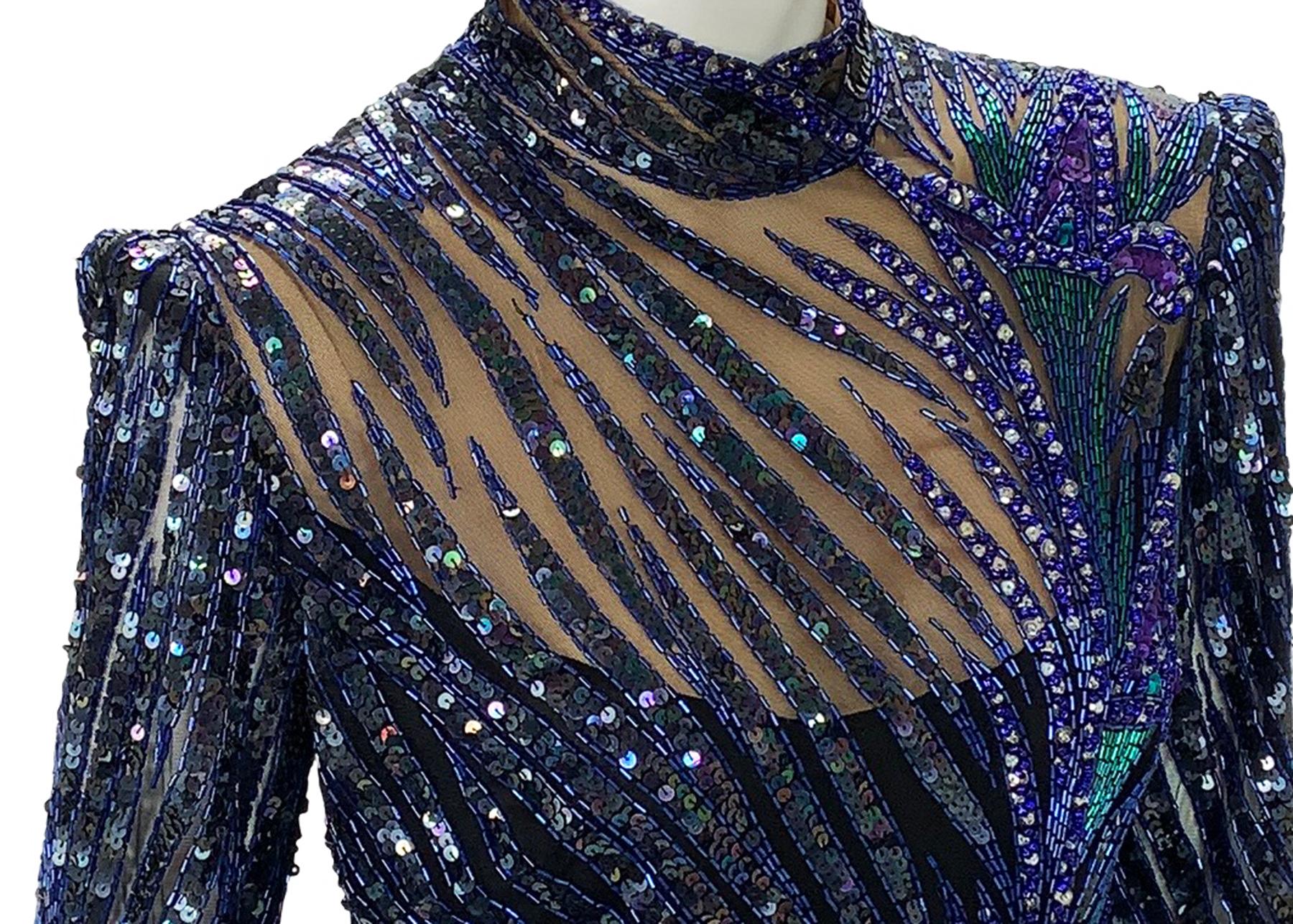 Vintage Bob Mackie Marineblau Vollständig verschönert Iris Blume Langes Kleid Kleid 3