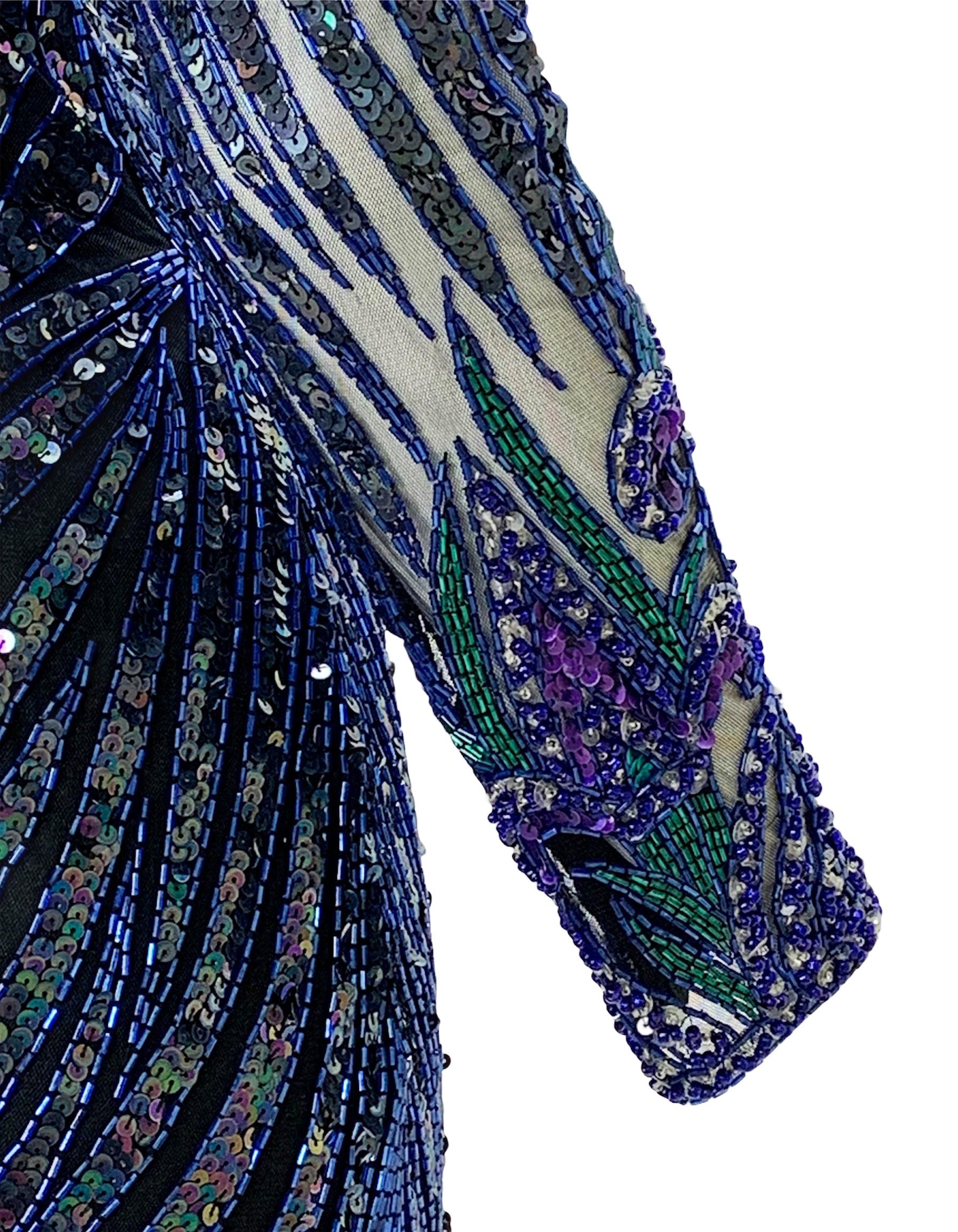 Vintage Bob Mackie Navy Blue Fully Embellished Iris Flower Long Dress Gown US 8 For Sale 1