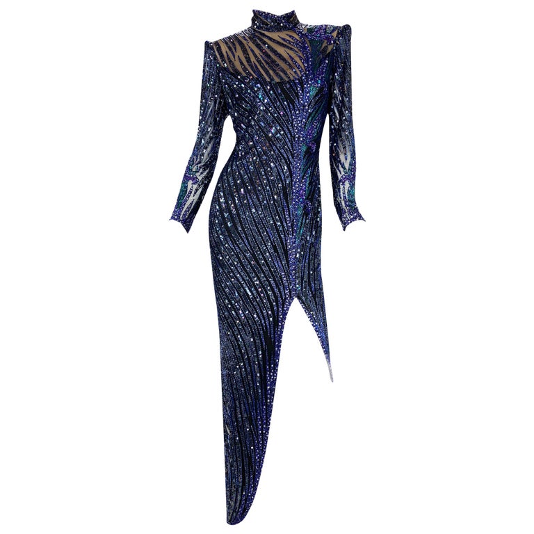 Vintage Bob Mackie Navy Blue Fully Embellished Iris Flower Long Dress Gown  at 1stDibs