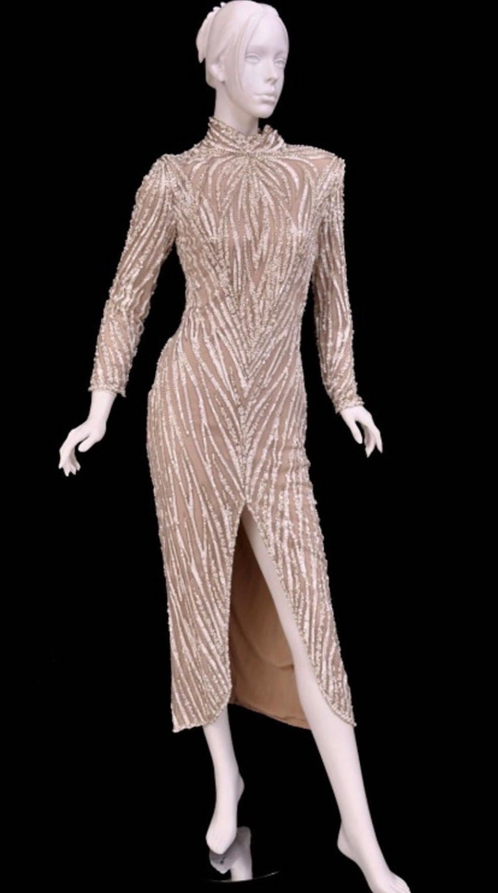 Vintage Bob Mackie Nude Pearl Beaded Dress Gown, 1980s In Excellent Condition For Sale In Montgomery, TX