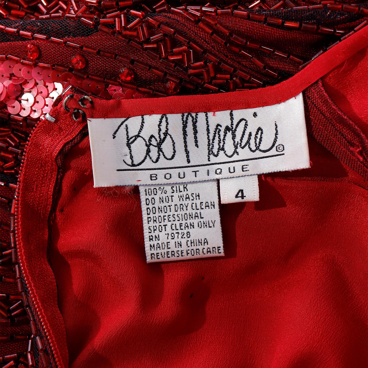 Vintage Bob Mackie Red Silk Dress With A V Shaped Waistline & Beads and Sequins For Sale 6
