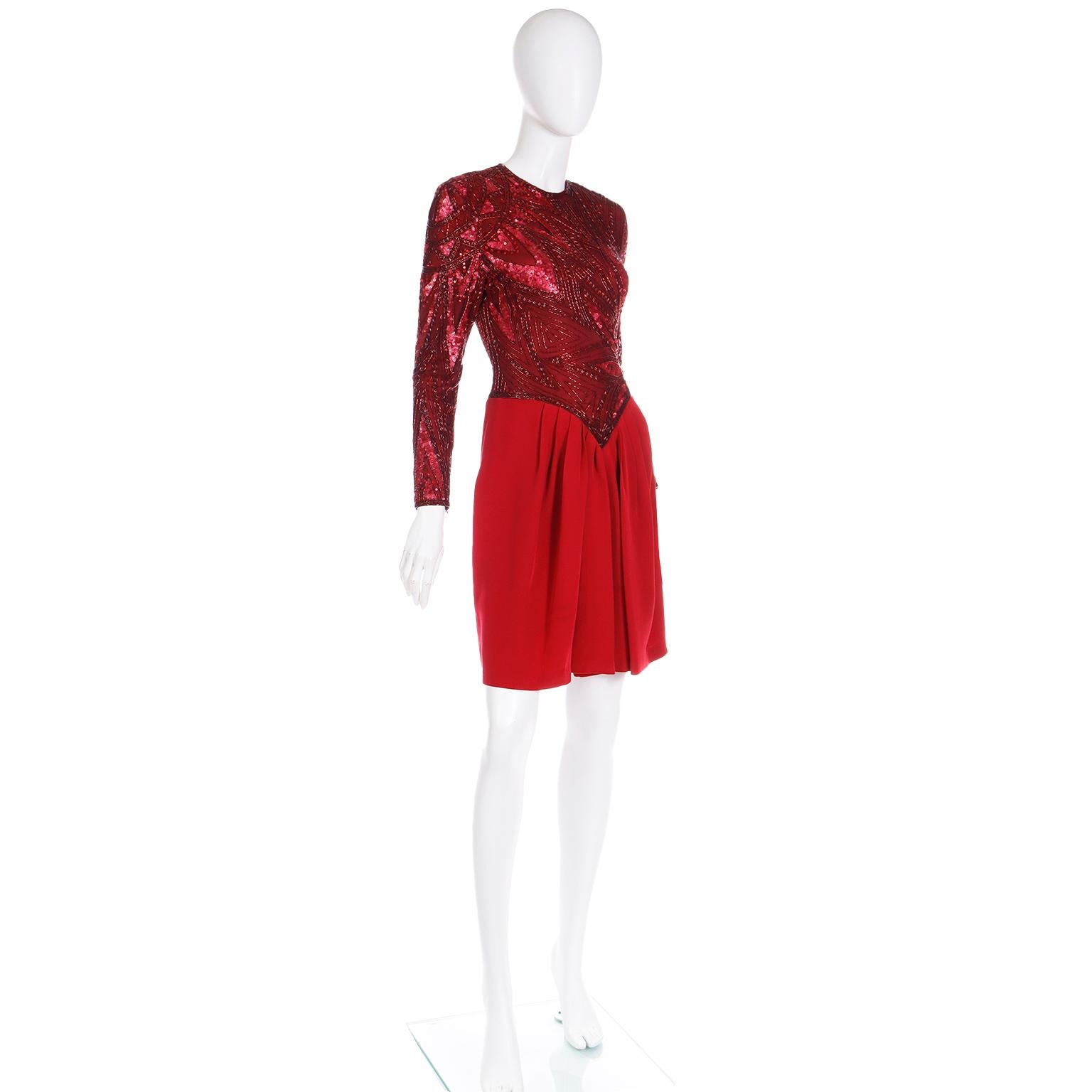 Vintage Bob Mackie Red Silk Dress With A V Shaped Waistline & Beads and Sequins In Excellent Condition For Sale In Portland, OR